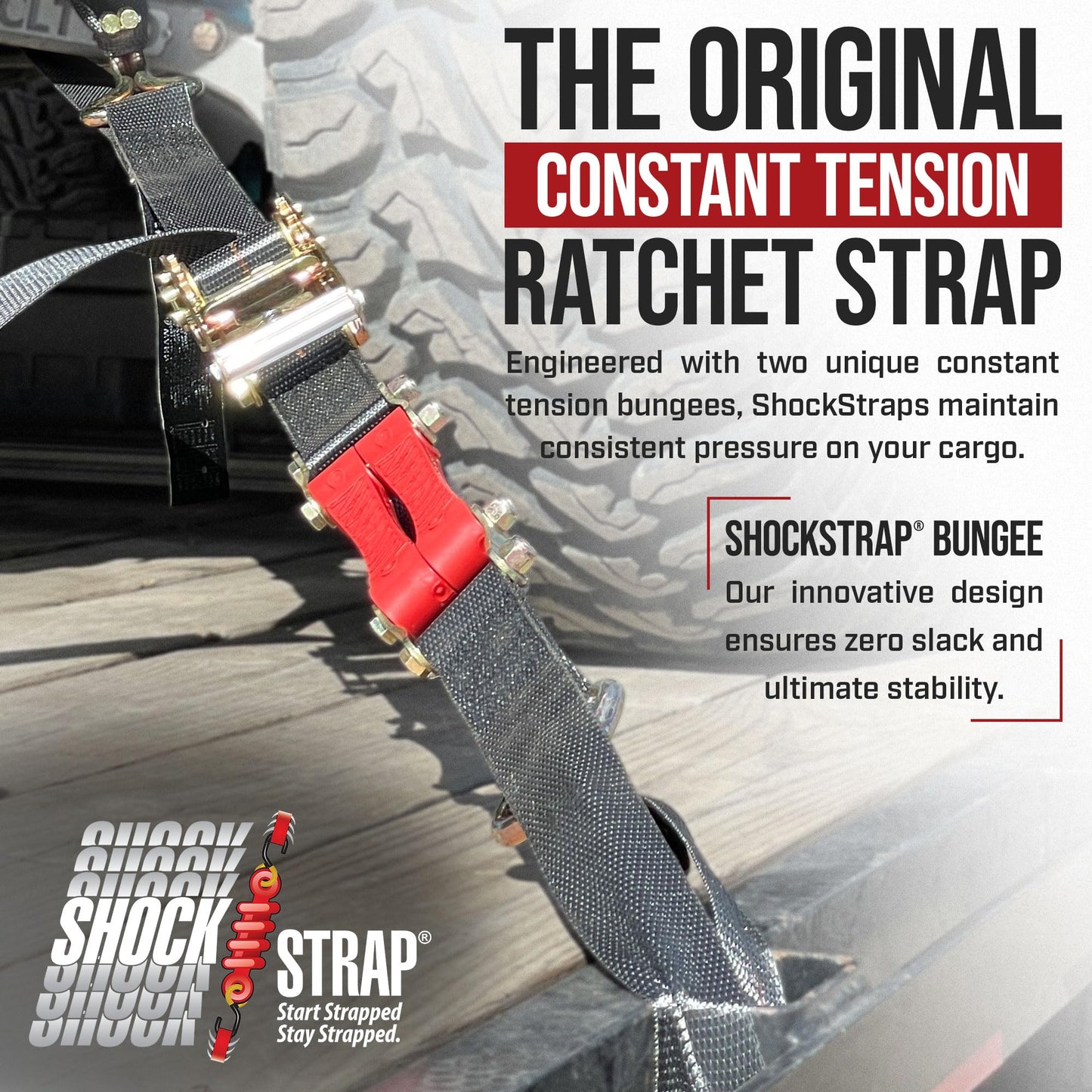 SHOCKSTRAP Ratchet Strap, 9' x 2" Shock Absorbing Heavy Duty Tie downs for Cargo, 2,000 LB WLL / 6,000 LB Break Strength, 4-Pack