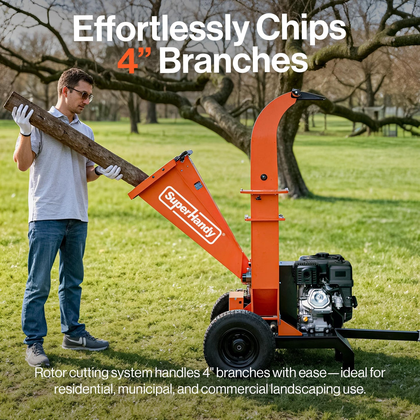 SuperHandy Towable Wood Chipper – 4 in. Chipping Capacity, 15HP Gas Engine, 13 in. Wheels, Electric Start, Trailer-Ready with 2 in. Coupler