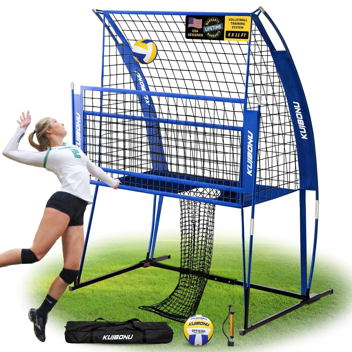 KuiBonu Volleyball Training Net System, Volleyball Training Equipment with Freely Height-Adjustable for Backyard, Volleyball Practice Net for Serving Setting Spiking, Includes Ball Kit and Carry Bag