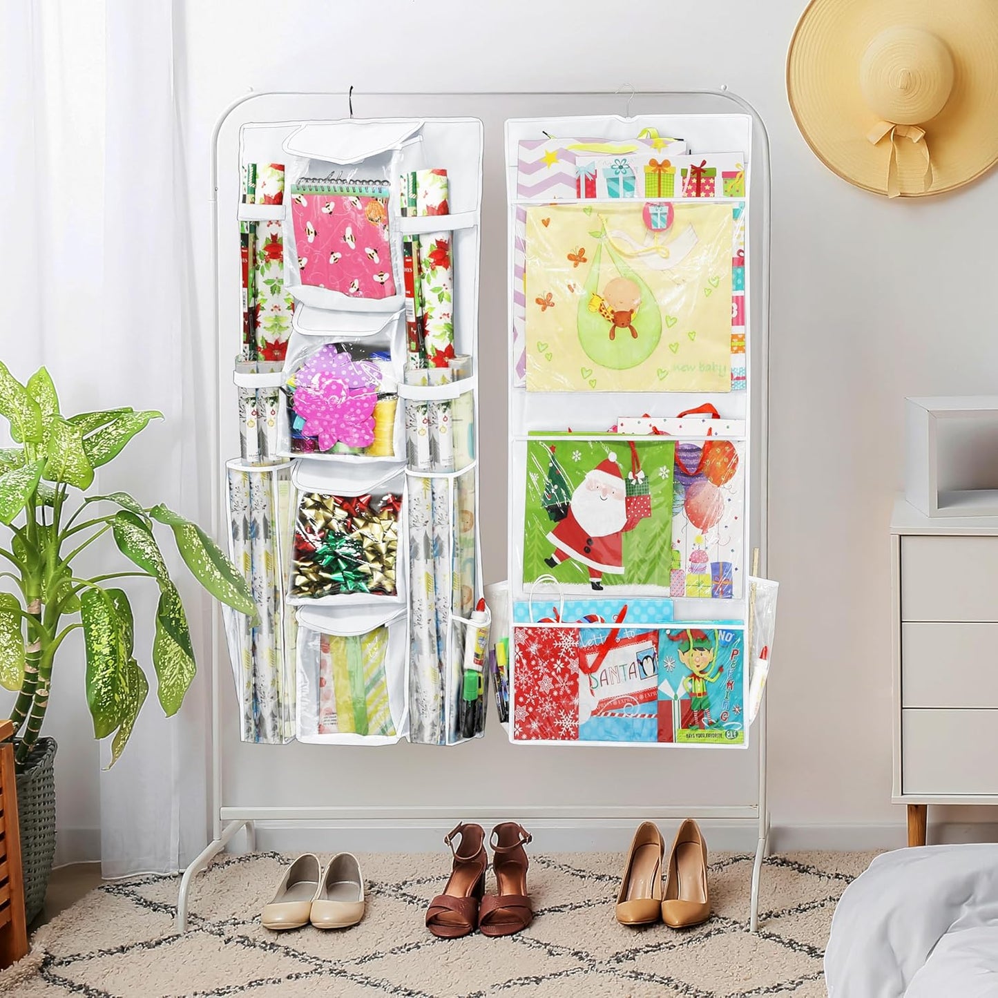 Simple Houseware | Double-Sided Gift Wrap Organizer - White Storage Pockets (Set of 1)