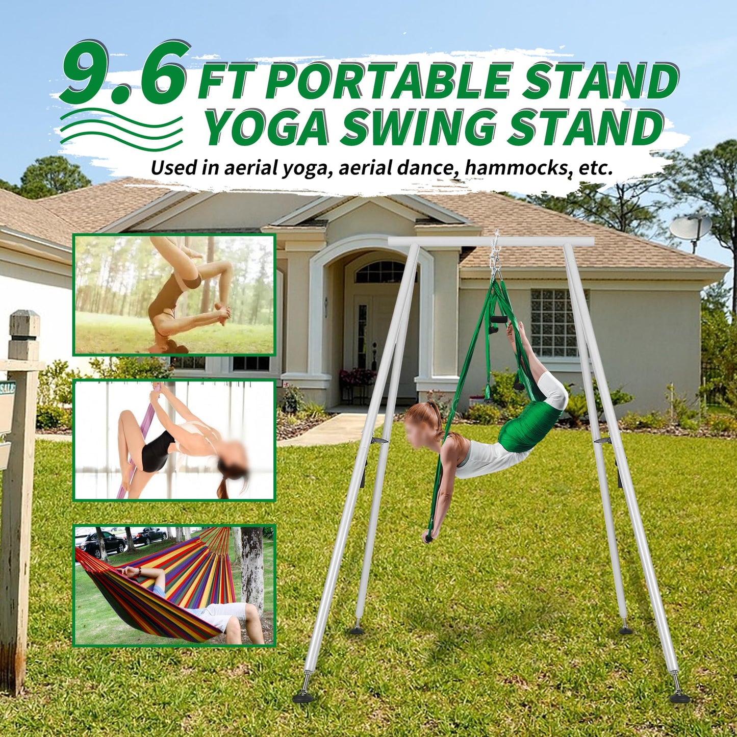 KUAFU 9.6 FT Portable Stand Yoga Swing Stand 551 LBS Aerial Yoga Frame Yoga Sling Inversion Equipment Steel Silvery for Indoor and Outdoor Triangle Structure