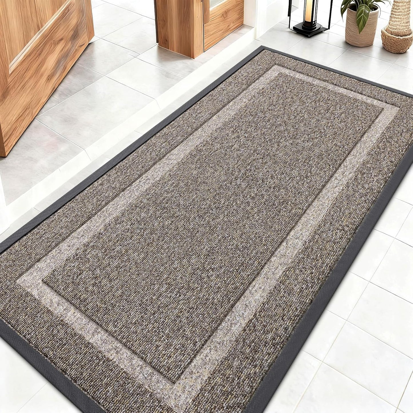 OLANLY Waterproof Front Door Mat - All-Season Natural Rubber Doormat | Easy Clean, Low Profile, 47x23, Khaki & White
