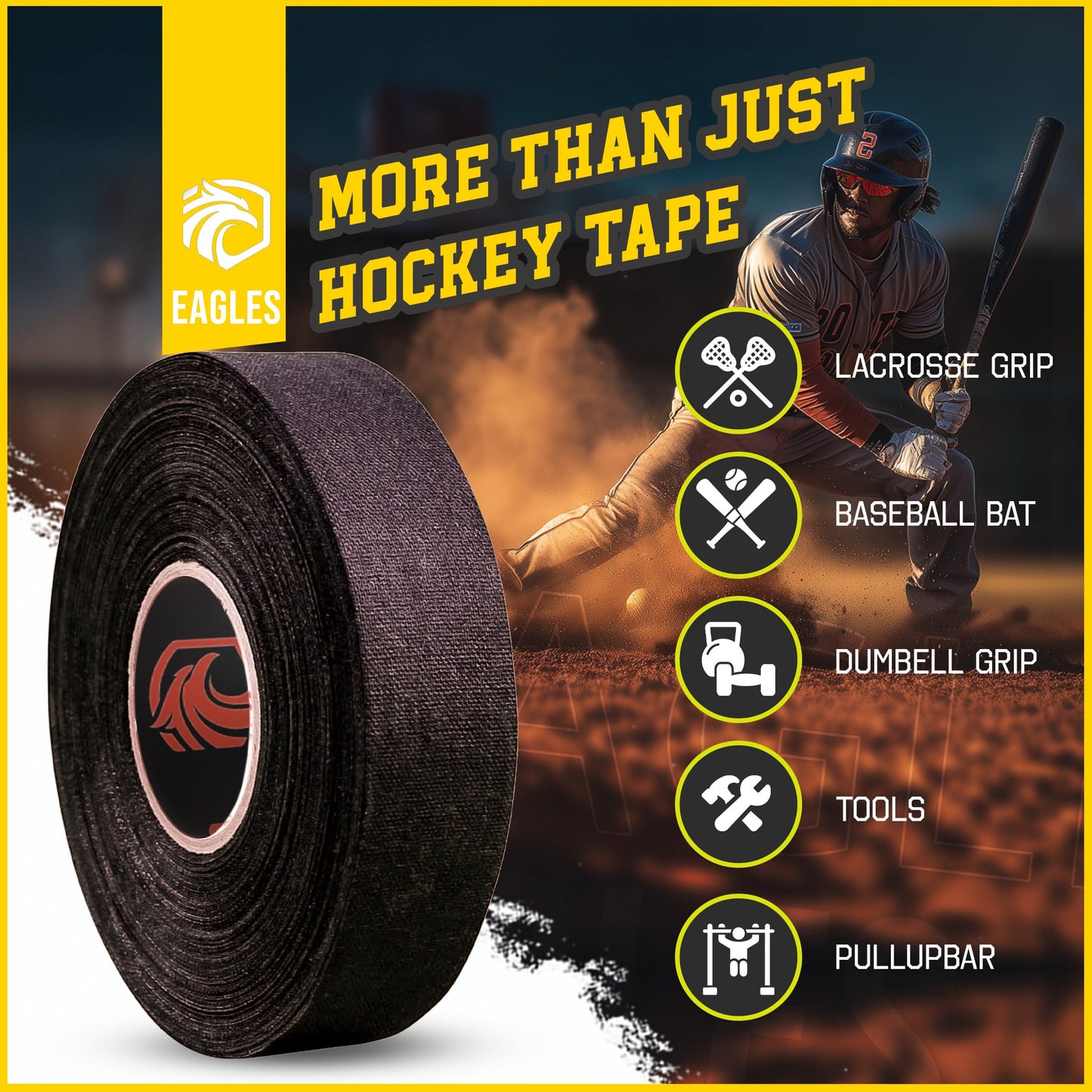Hockey Tape Black 1inch Grip Tape 2 Roll Athletic Sports Tape Water-Resistan Multipurpose Cloth Tape for Lacrosse Baseball & Softball Bats, Pullup Bars, Sports Gift Wrist Ankle Foot Gymnastics Bar
