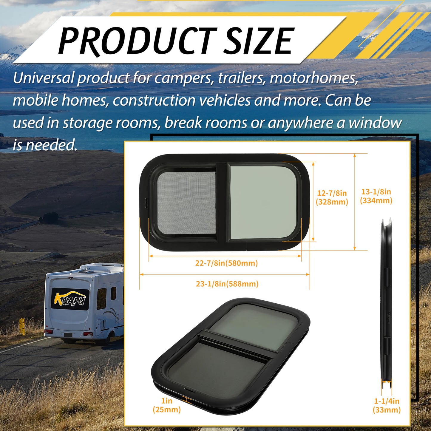 KUAFU RV Vertical Sliding Window 12in x 22in Tinted Glass Replacement - Model GO-2735