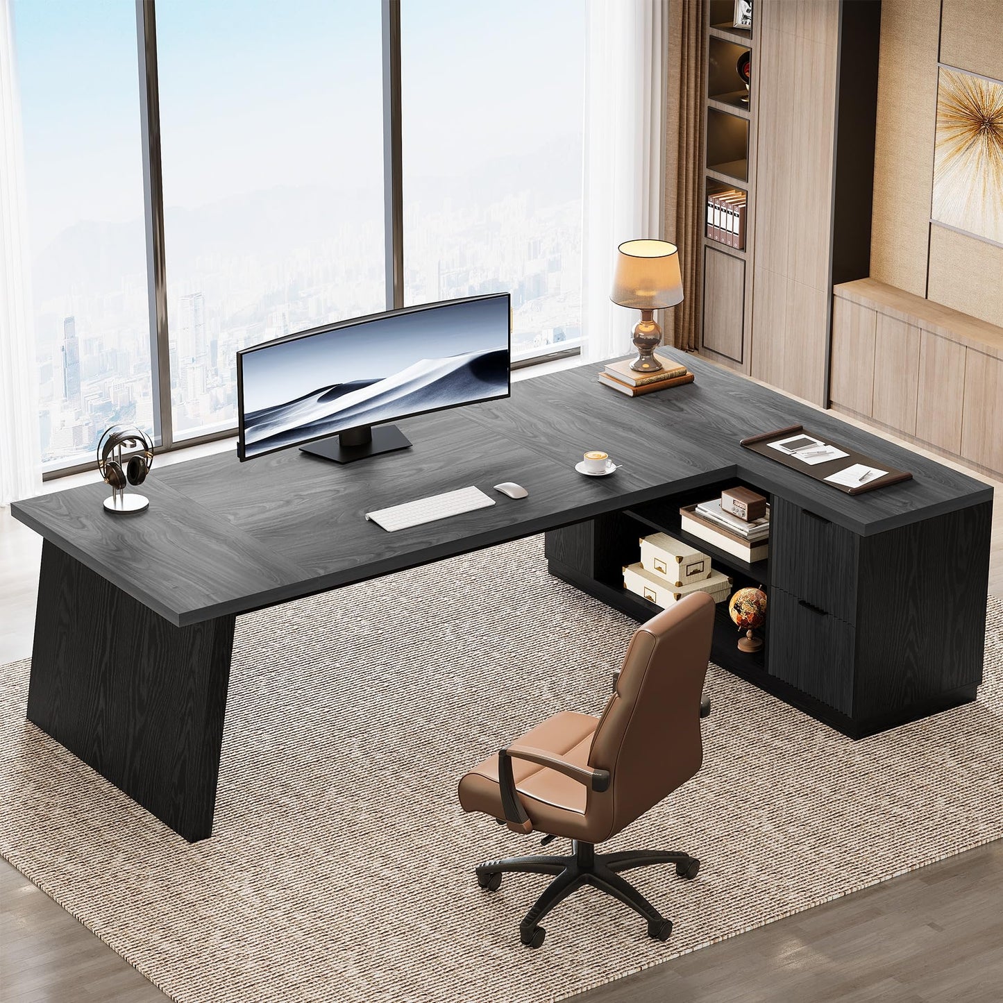 Tribesigns 78" L Shaped Desk with Drawers, Lage Office Desk with Storage Shelves, Modern Corner Computer Desk for Home Office (Gray and Black)