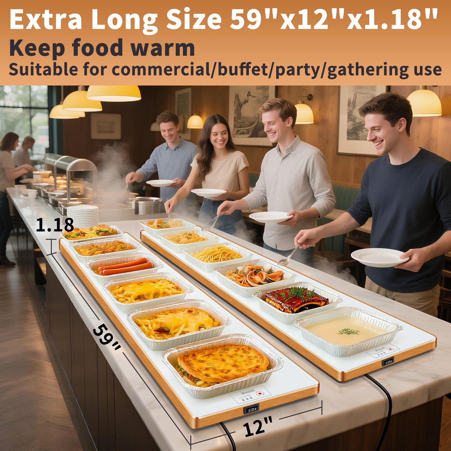 Electric Warming Tray (Extra Long 59”x12”)，Commercial Food Warmers for Parties Buffet, Warming Mat for Food with Thermostat, Tempered Glass Chafing Dishes with Adjustable Temperature, White