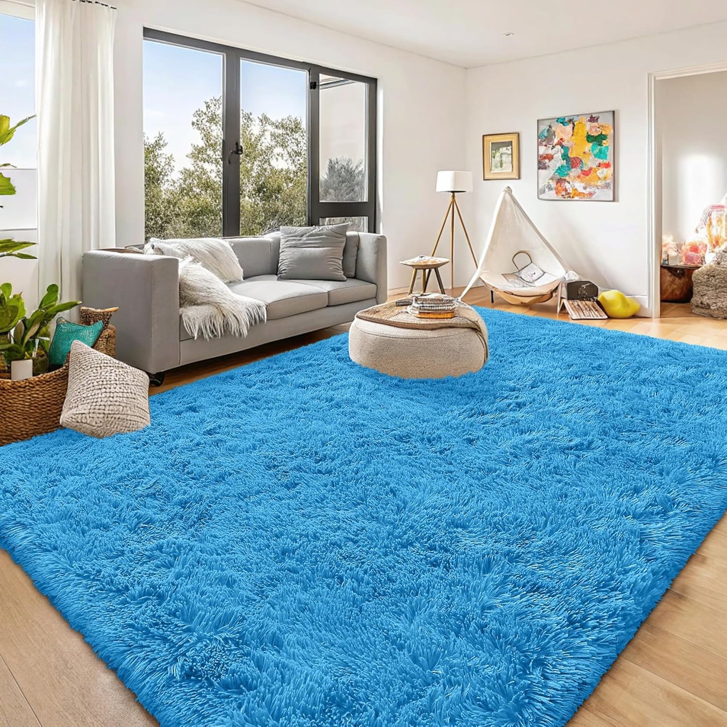 OLANLY Large Area Rug - Soft Fluffy Shaggy Carpet for Living Room & Bedroom | Bright Blue 9x12