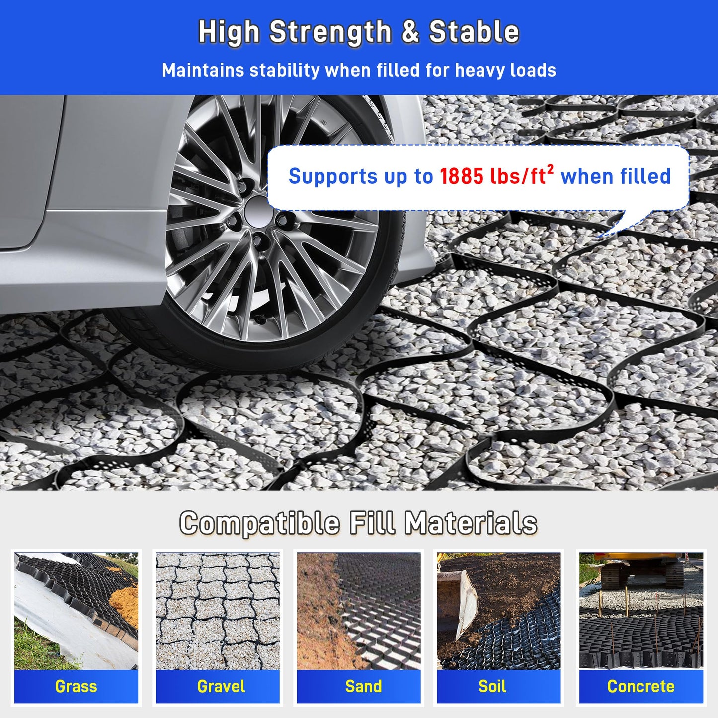 3" Thick Gravel Grid 30x9.8 FT, Geo Ground Grid with Connectors and Stakes, Geo Cell Gravel Retainer 1885 LBS Per Sq ft Stabilization System for Driveway DIY Patio Pavement Park Garden & Slope