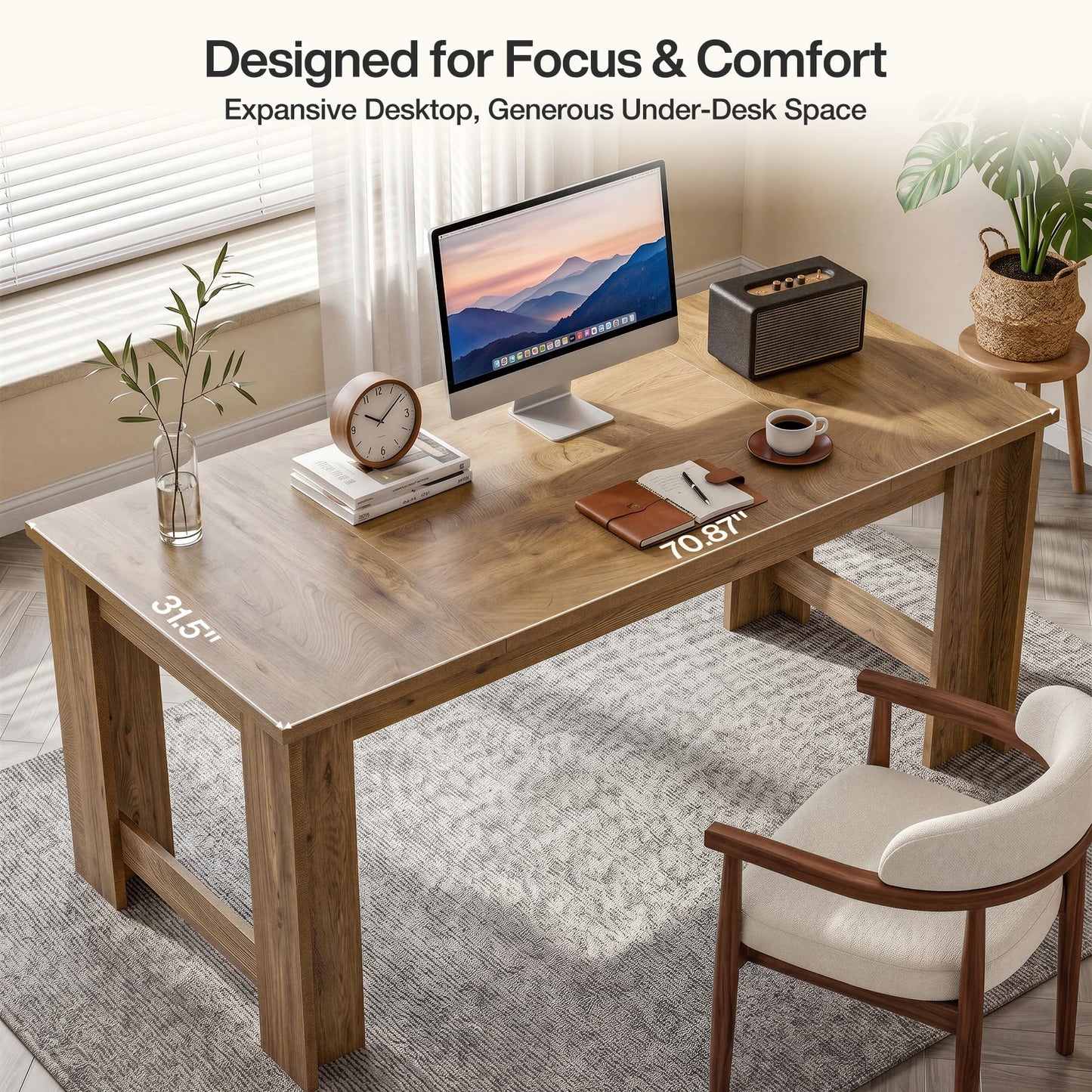 Tribesigns 70.8" Modern Executive Desk, Wooden Office Computer Desk, Long Workstation with Sturdy Panel Legs, Rectangular Writing Desk for Office, Business, Natural