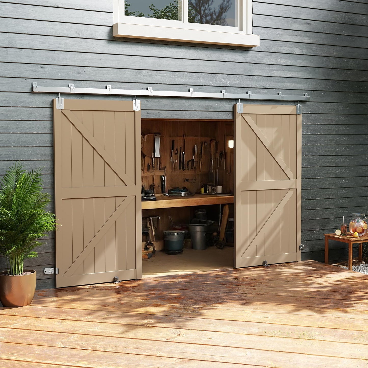 JUBEST 16FT Box Rail Exterior Barn Door Hardware Kit, Heavy Duty Sliding Door Track Kit Wall Mount Door Hardware Kit for Two Doors System(Doors Not Included), Silver