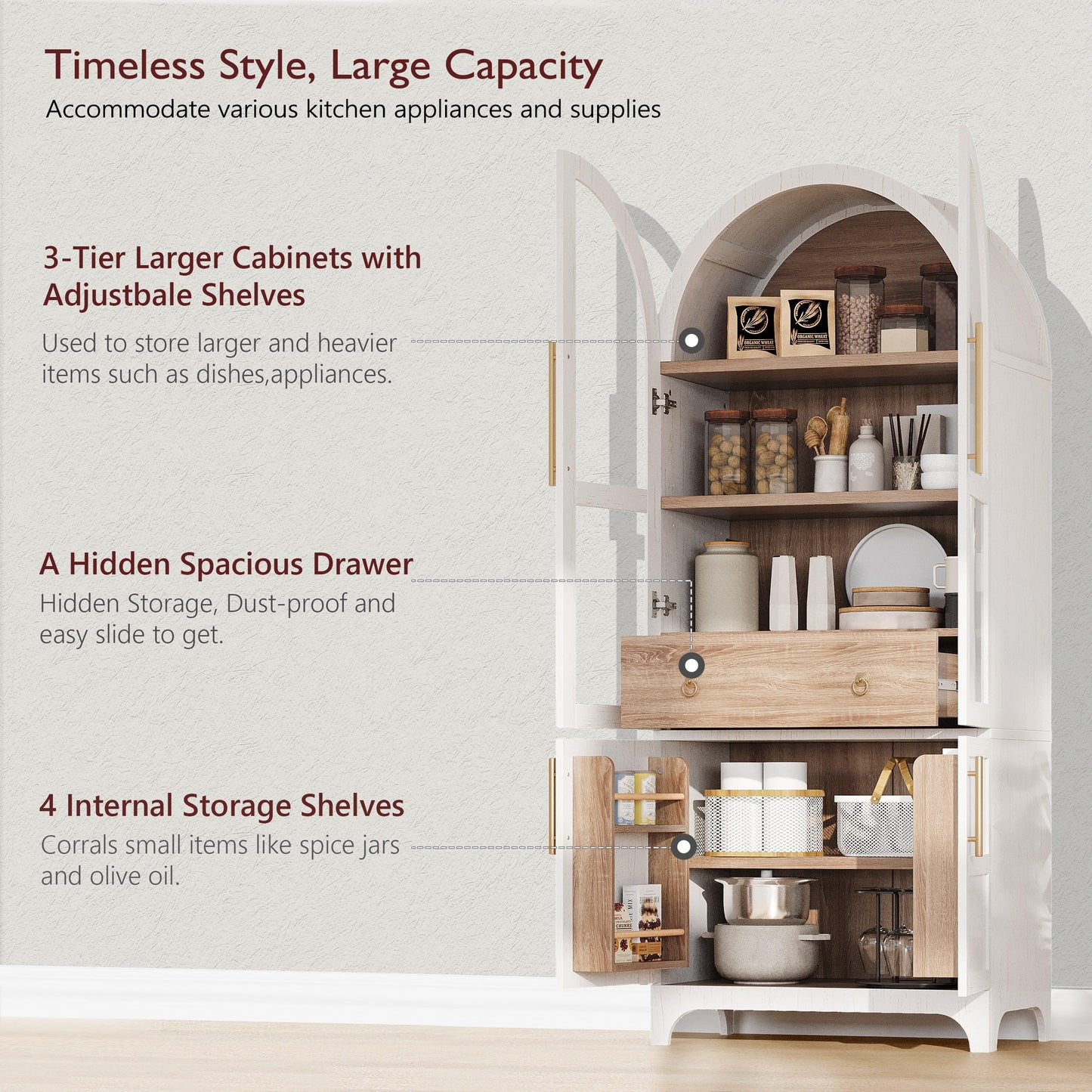 71" Tall Arched Kitchen Pantry Cabinet with Hidden Large Drawers,Food Pantry Storage Cabinet with Glass Door,3 Adjustable Shelves,4 Door Shelves,Freestanding Cupboard for Kitchen, Dining Room(White)