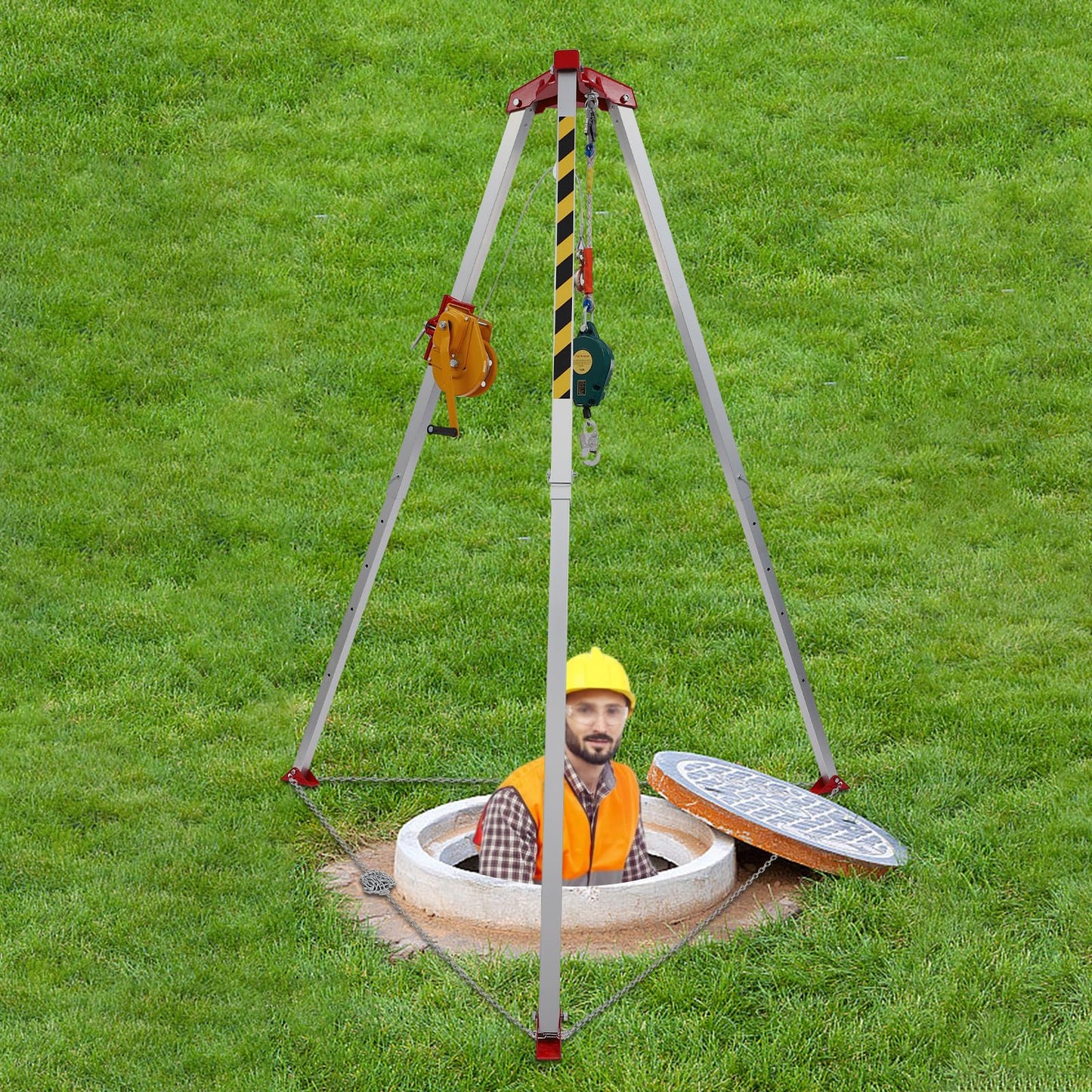 CRYBY Confined Space Tripod Kit, 1800lbs Load Confined Space Rescue Tripod with Fall Arrester & 2 Storage Bags, Manual Sewer Rescue Tripod for Traditional Confined Spaces, 5.2-8ft Working Height