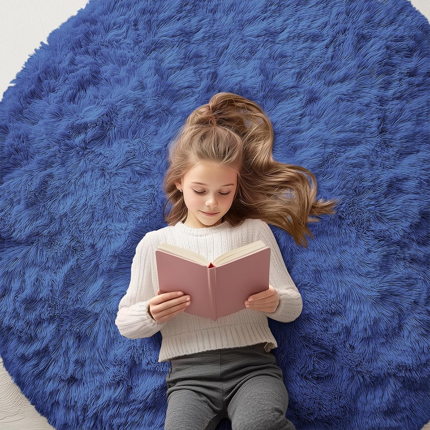 OLANLY Round Navy Blue Area Rug - Soft, Fluffy, Machine Washable 5 ft Circle Carpet for Bedroom & Living Room
