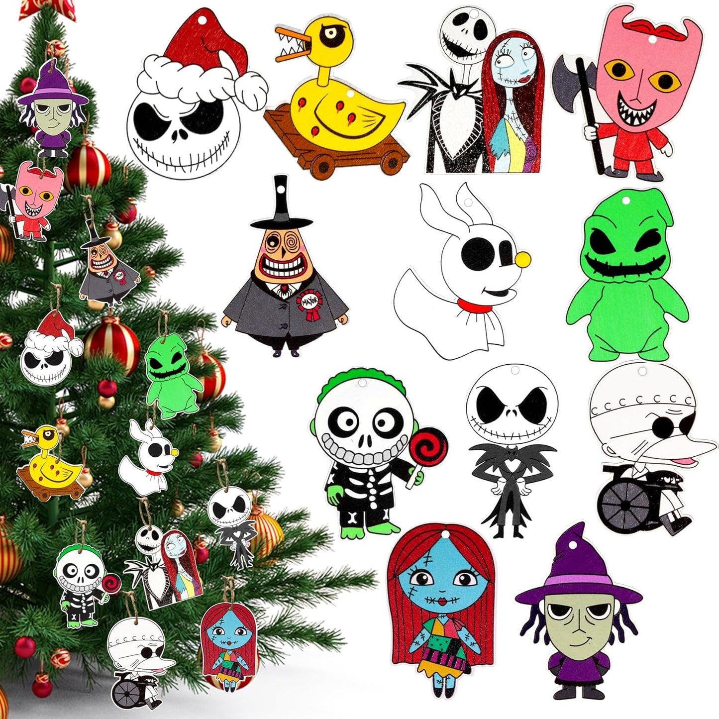 Skiennix 36 PCS Halloween & Christmas Nightmare Ornaments - Wooden Hanging Decor for Home & Parties
