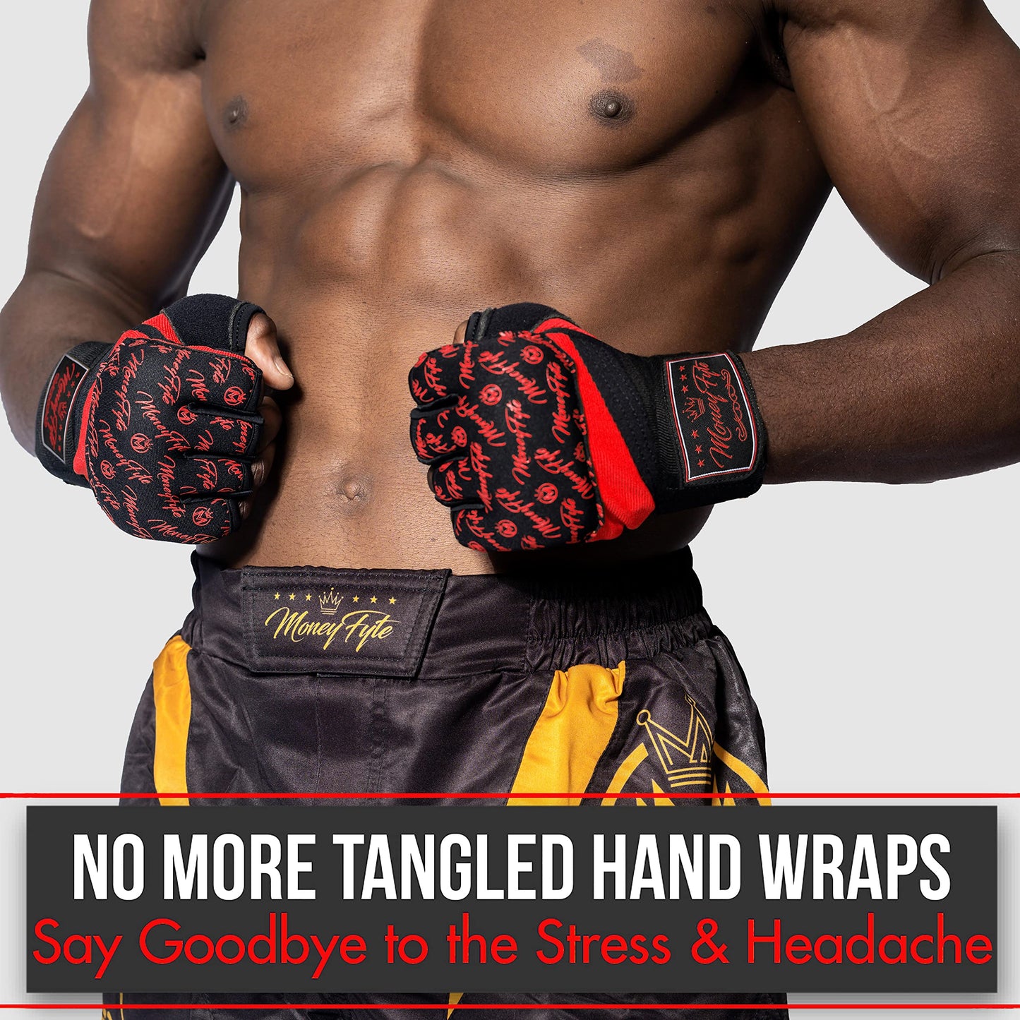 Quick Gel Boxing Wraps Under Boxing Gloves - Kickboxing MMA Muay Thai - Fist, Knuckle, Wrist Wrap Protection Inner Glove Hand Wraps - Men Women Kids - MoneyFyte (Black/Red, L/XL)