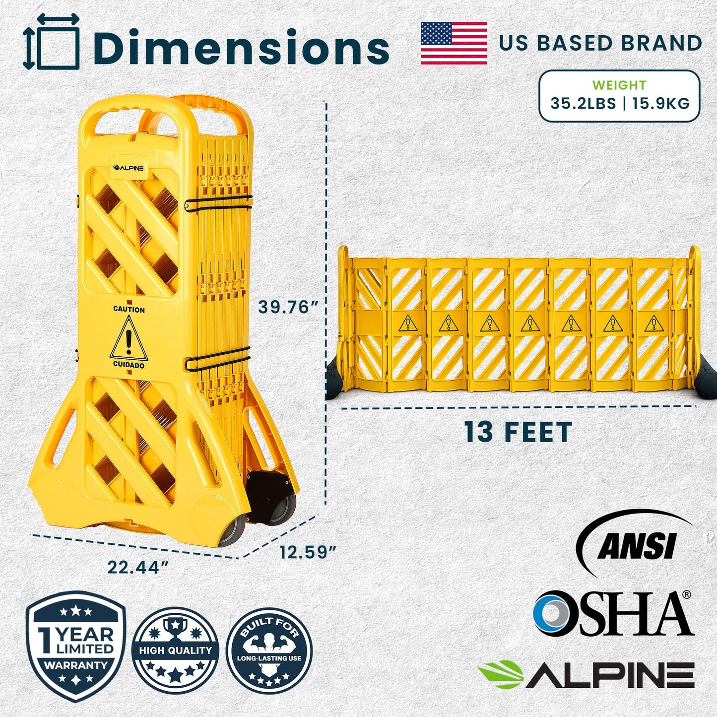 Alpine Commercial Safety Barriers, 13 Foot Expandable Mobile Barricade System - Folding Portable Barrier, Yellow, Plastic, for Construction, Driveway Gate
