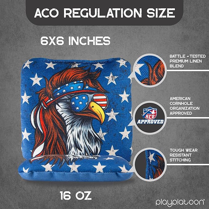 Play Platoon Cornhole Bags Set of 8 Regulation Professional Corn Hole Bean Bags ACO Approved, Competition Weight, Slick and Stick