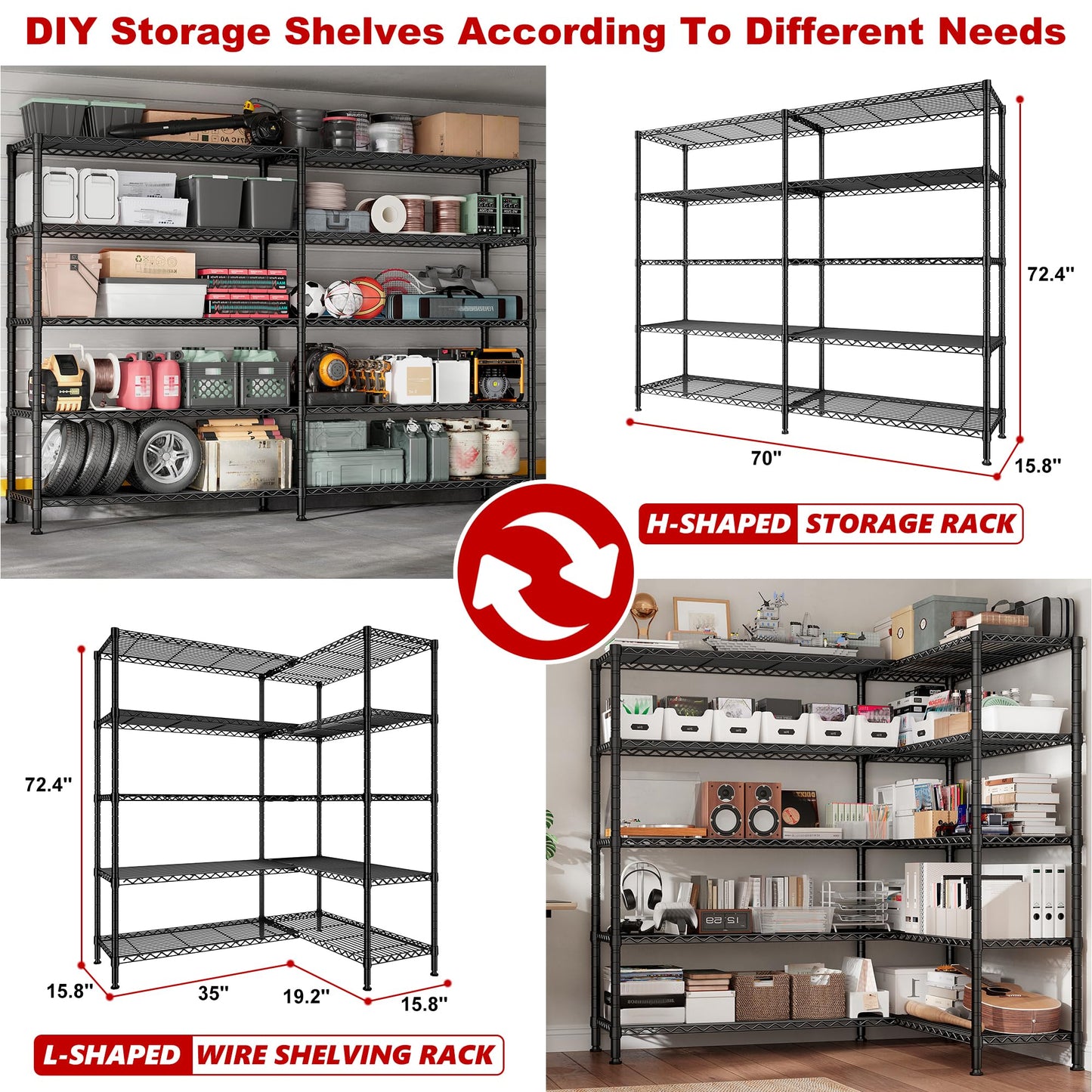 REIBII 70" W Storage Shelves 1600LBS,Widen Garage Shelving Heavy Duty Metal Shelving 5-Tier Wire Shelving, L-Shaped Wire Shelving Adjustable Metal Shelves for Pantry Kitchen Garage, 15.8" D*72.4" H