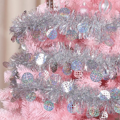 LOAVER 33 FT Christmas Silver Disco Ball Tinsel Garland,Metallic Tinsel Twist Garland Shiny Hanging Decoration for Christmas Tree Disco Party Home Supplies Staircase Railing Indoor Outdoor Decor