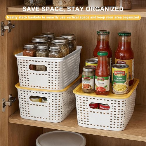 AREYZIN 6-Pack Plastic Storage Bins - Stackable Organizing Baskets with Lids | Small 10.2x7.2x4.1 Inch, White