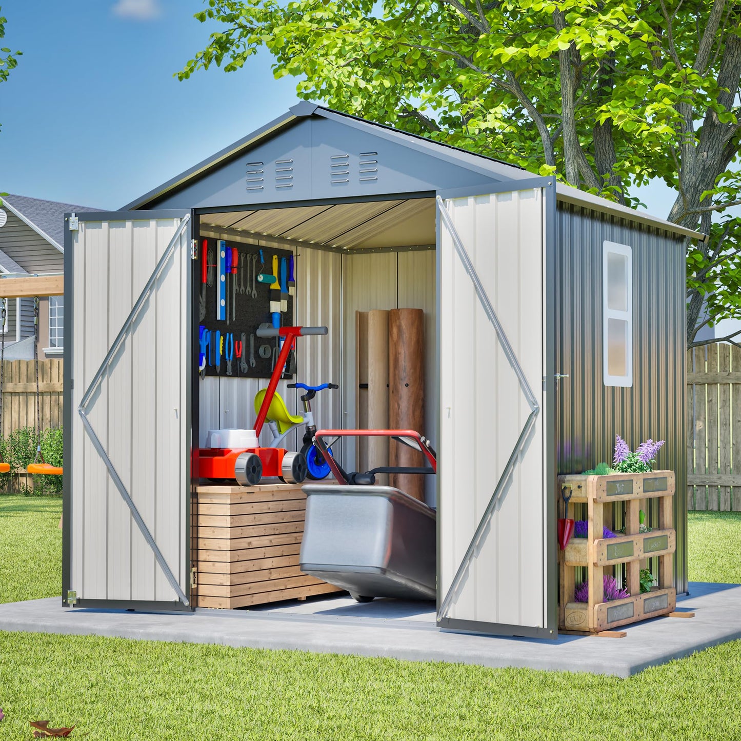 6x6 FT Outdoor Storage Shed with Lockable Doors & Sloping Roof & Clear Window, Galvanized Steel Metal Garden Tool Shed for Backyard, Patio, Poolside