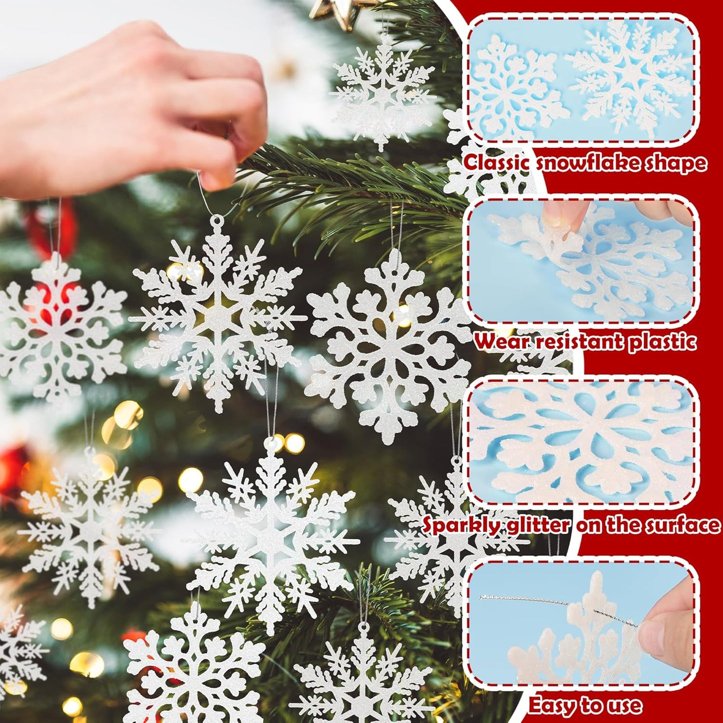 Skiennix 24PCS Snowflake Ornaments - Glittering White Plastic Tree Decorations for Winter Wonderland Decor
