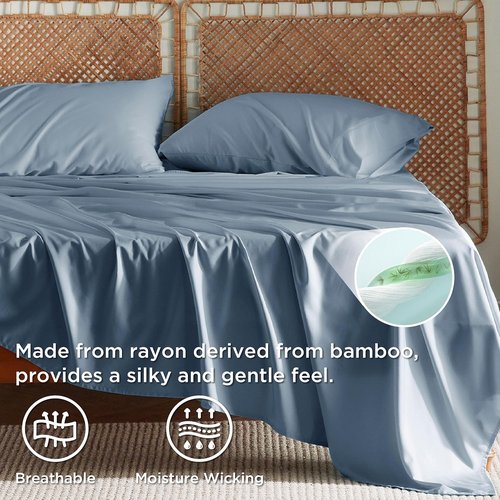 Bedsure Cooling California King Sheet Set - Breathable Rayon from Bamboo, Deep Pocket, Dusty Blue