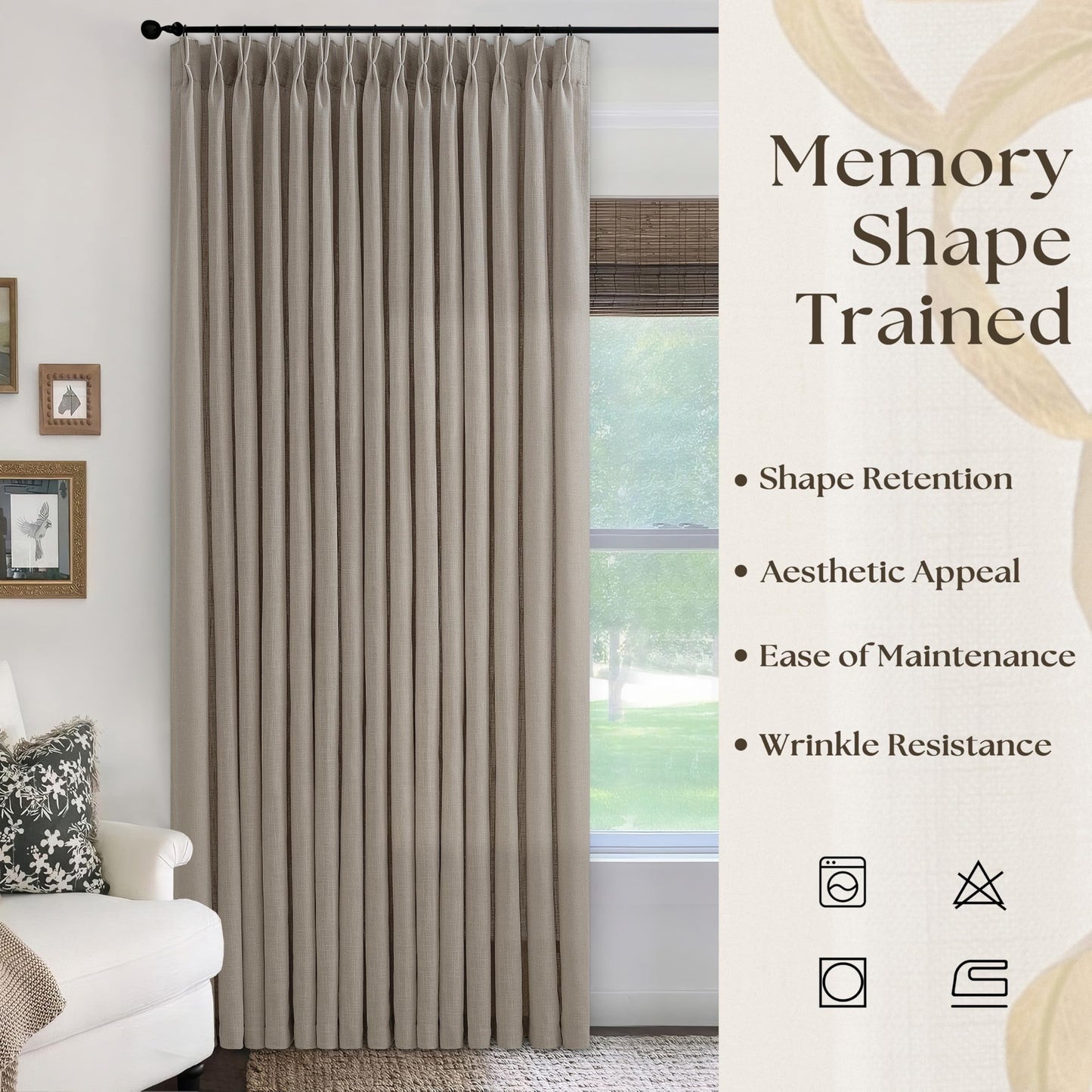 Extra Wide Pleated Curtains 108 Inches Long 100 Inch Width Patio Sliding Door Light Filtering Taupe Grey Beige Burlywood Birch Neutral Modern Neutral 100x108 Drapes Panels Living Dining Room 1 Panel