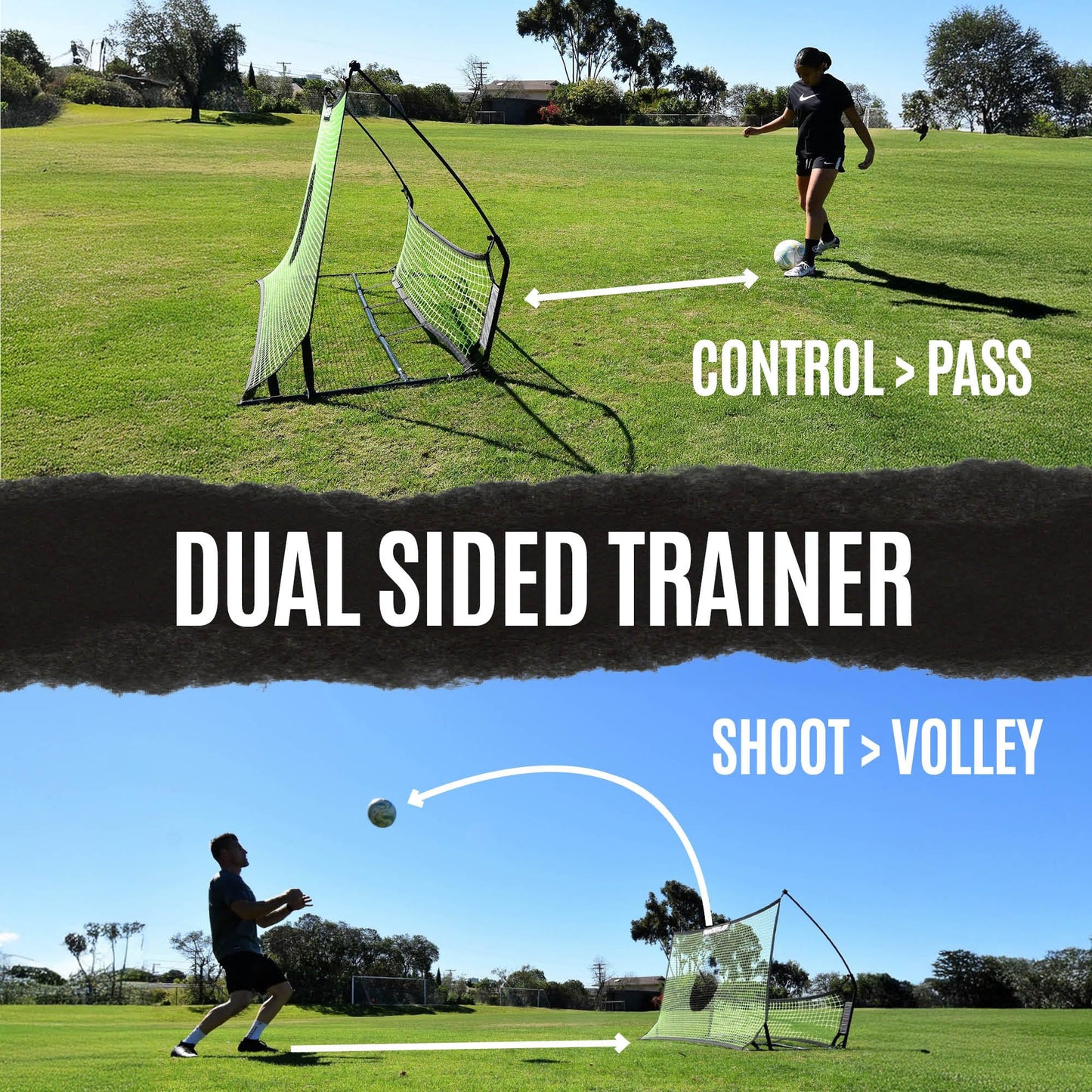 QUICKPLAY TEKKERS TRAINER Soccer Rebounder, 6.5x4' Spot & 6.5x1.5ft Ground Pass Nets, Alloy Steel, Fiberglass, Black, Green, Portable