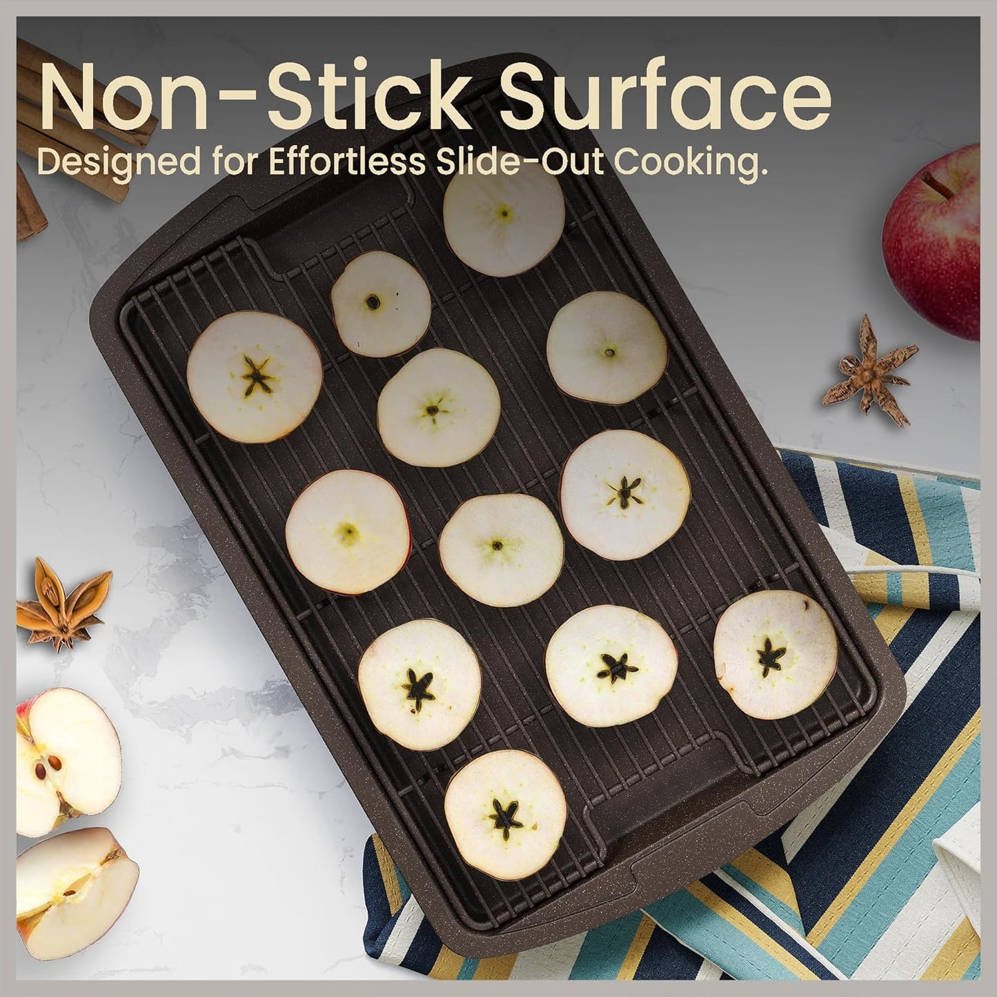 Regine Switzerland Nonstick Cookie Sheet Set - 2-Piece Brown Marble Carbon Steel Pan & Cooling Rack, Oven Safe Up to 450°F, Space-Saving Design
