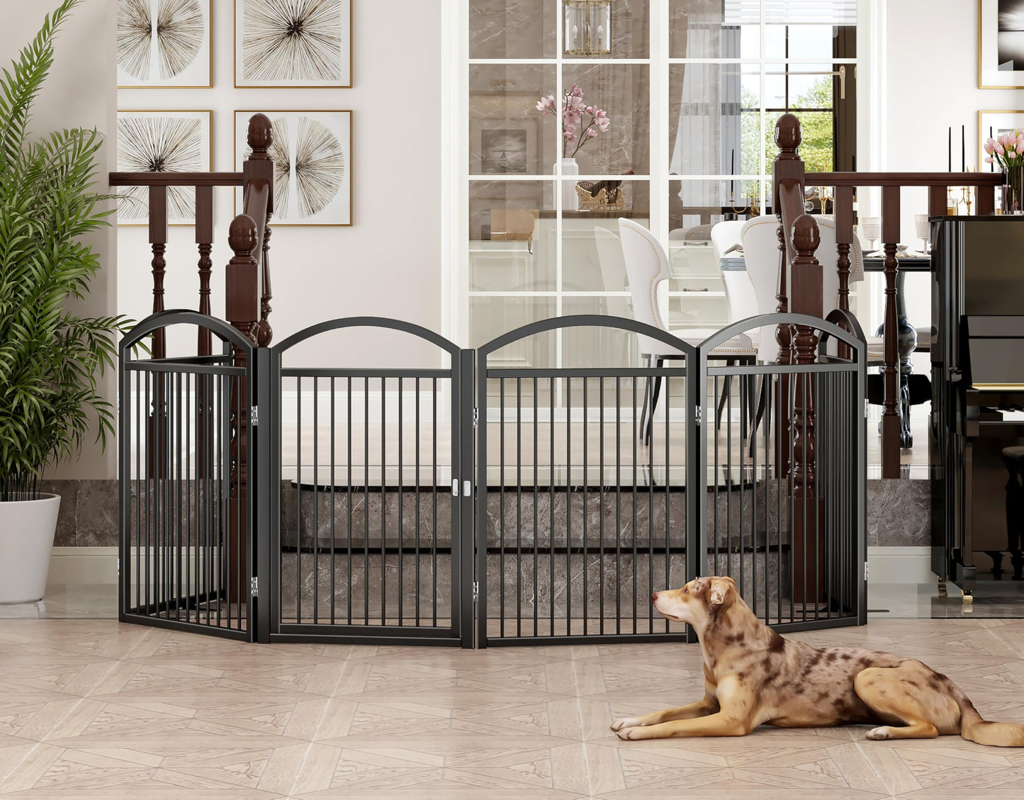 THKKY Folding No-Assembly Freestanding Dog Gate with Door,32" Heights Foldable Pet Fence,144" Extra Wide Accordion Puppy Folding Playpen for Doorways,House,Stairs (6 Panels,Black)