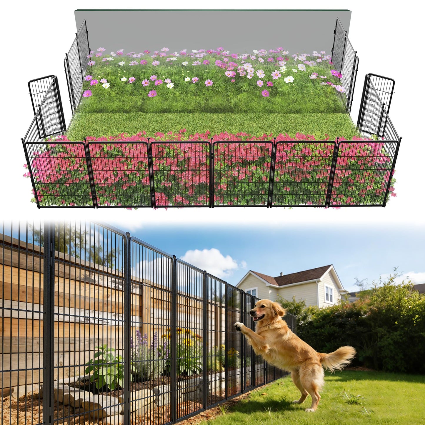 FXW Garden Fence Outdoor for the Yard – 40in(H) x 36.2ft(L) Heavy Duty Metal Animal Barrier for Dog, No Dig Decorative Dog Fence, 16 Panels, Black