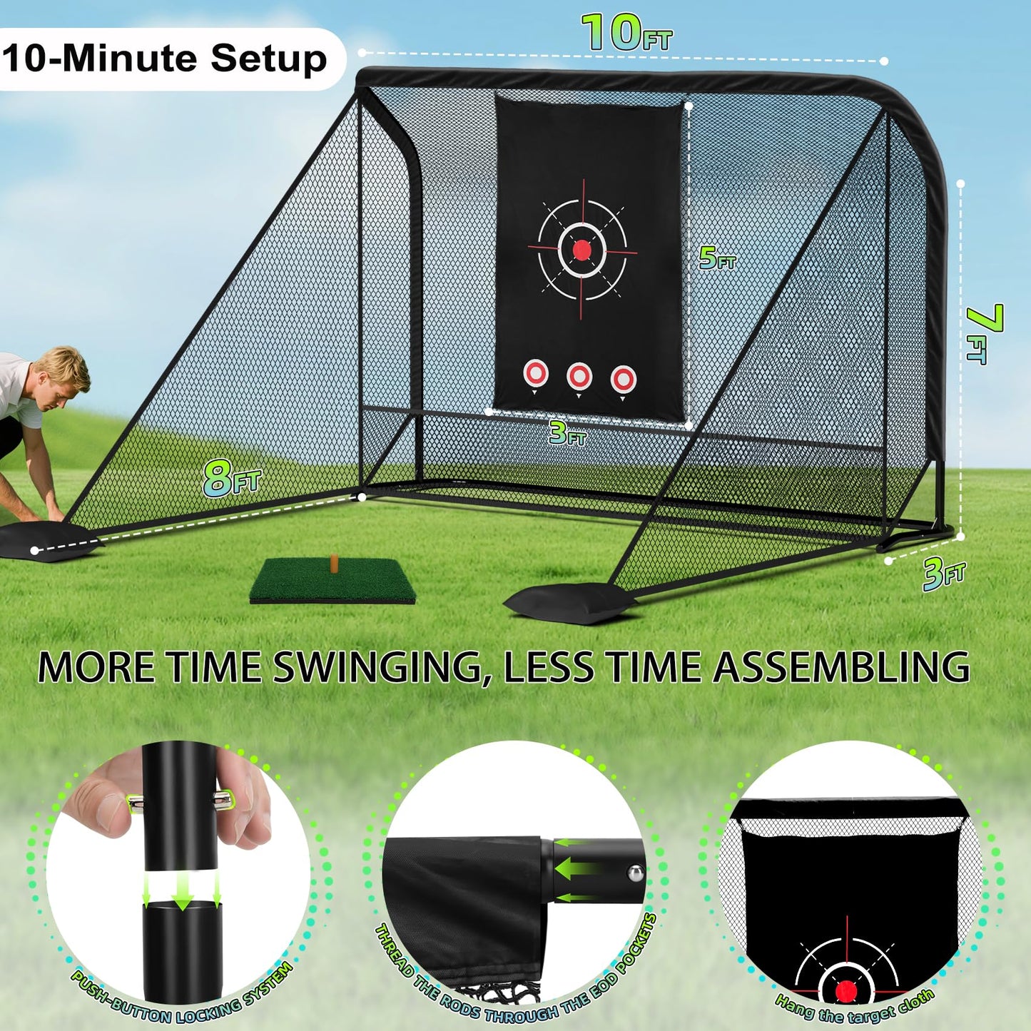 10x7ft Golf Hitting Practice Net for Real Golf Balls, Heavy Duty Driving Training Cage with Reinforced 7-Layer Mesh & Mat, Portable Backyard Net for Indoor Outdoor to Improve Your Swing