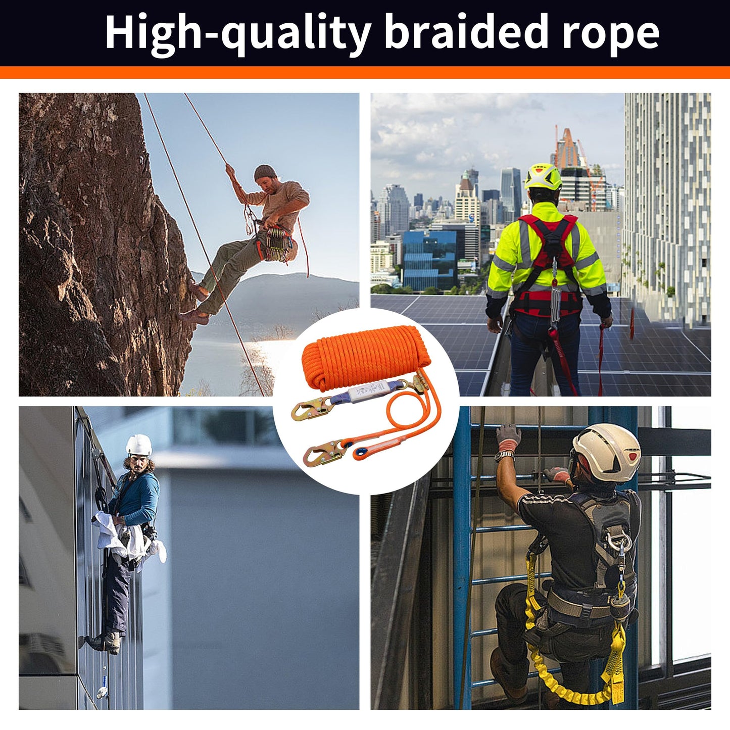 Fall Protection Safety Rope 50ft Heavy Duty Vertical Roofing Grab Snap Hook Shock Absorber Fall Protection Line Kit Restraint System Roofing Safety Equipment (50FT)