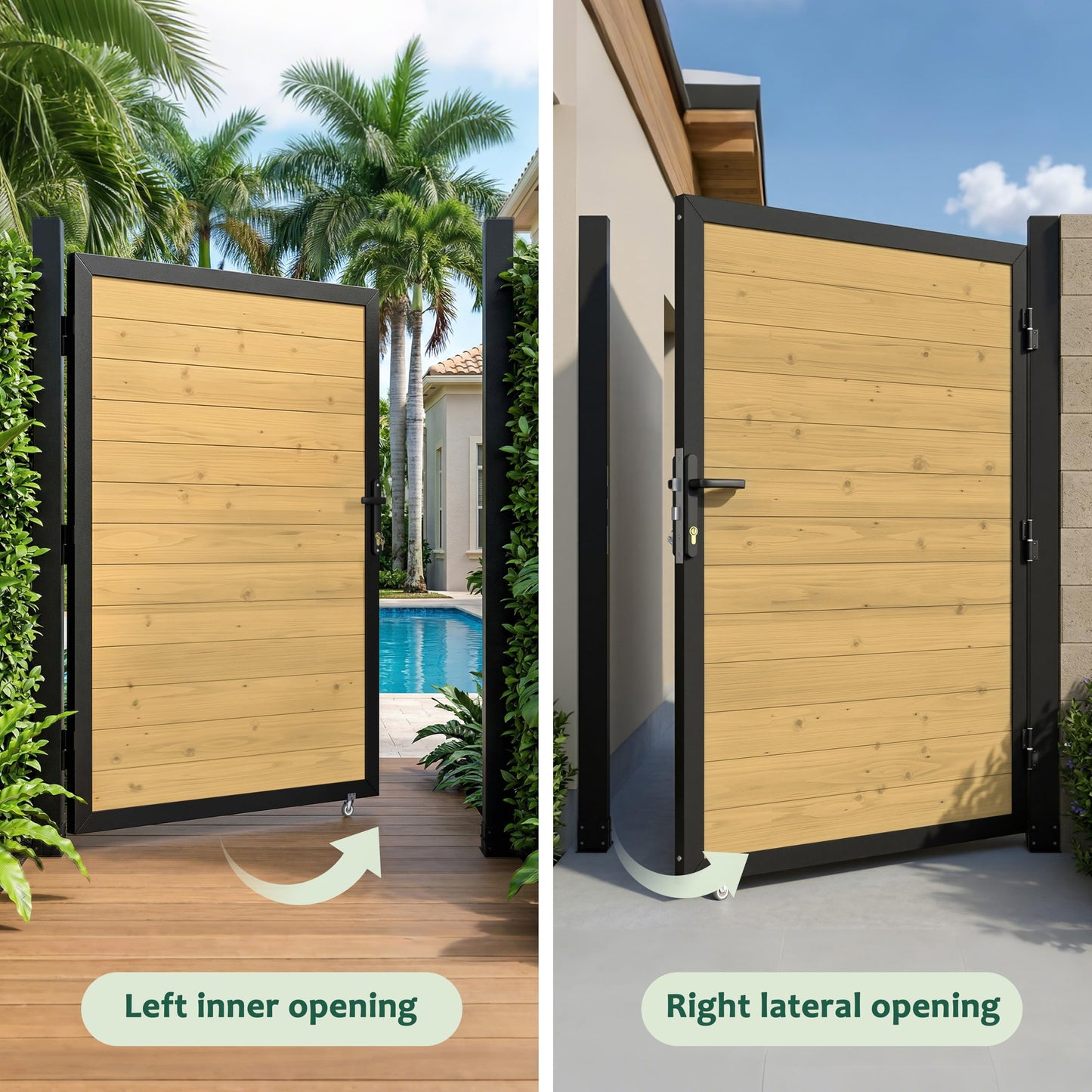Yardenaler 4 x 6 FT Outdoor Privacy Fence Gate, Cedar Wood Privacy Gate Kit with Aluminum Frame, Garden Gates for Outside with Caster Wheel & Lockable Handle for Garden Yard Pool Entrance, Natural