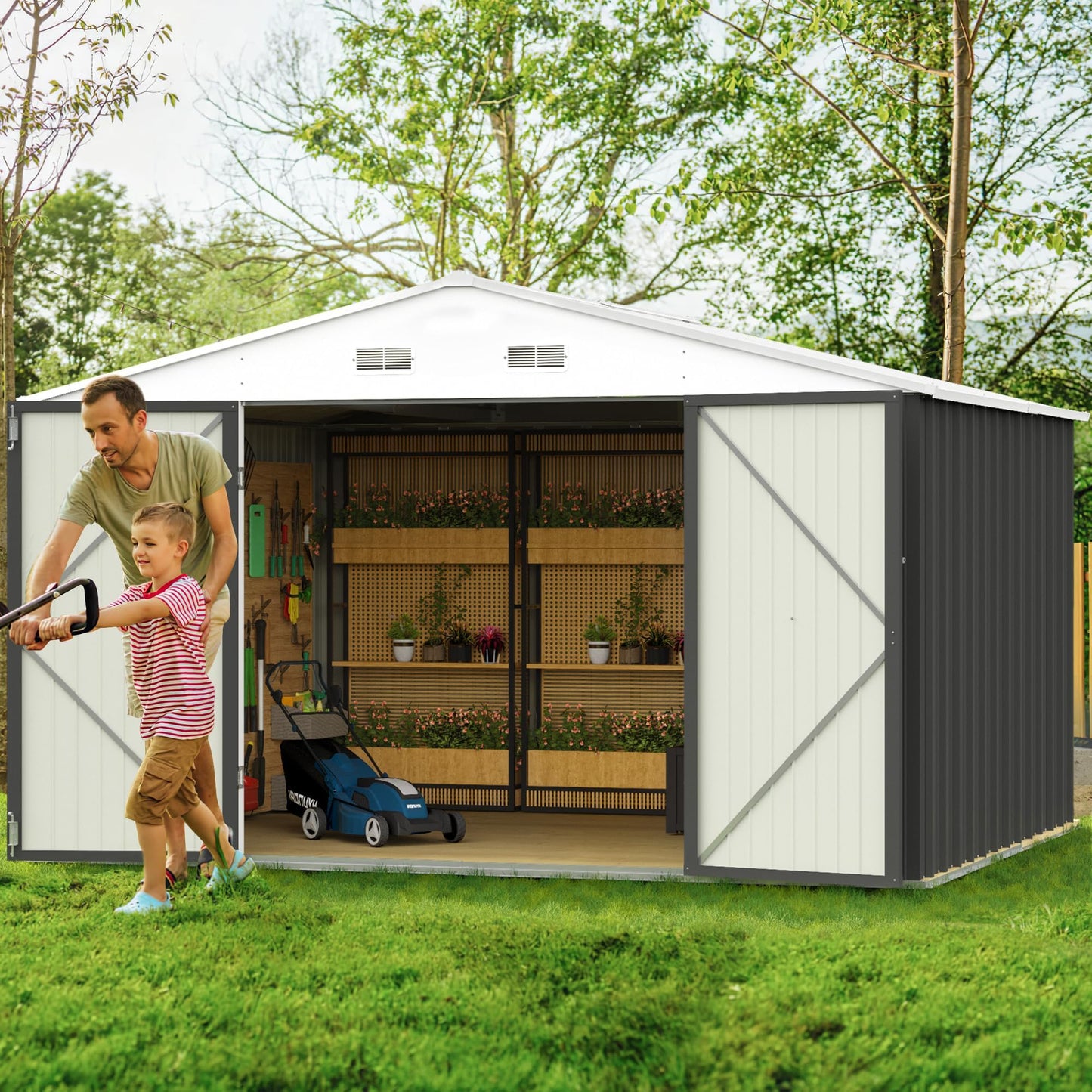 GUNJI 10 x 8 FT Shed Outdoor Storage Shed Metal Garden Shed with Lockable Door Outside Waterproof Tool Shed for Backyard, Patio, Lawn (Gray)