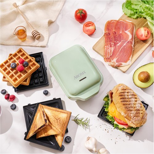 AROMA® 3-in-1 Panini Press, Sandwich Grill, and Waffle Maker with Removable Ceramic Coated Plates