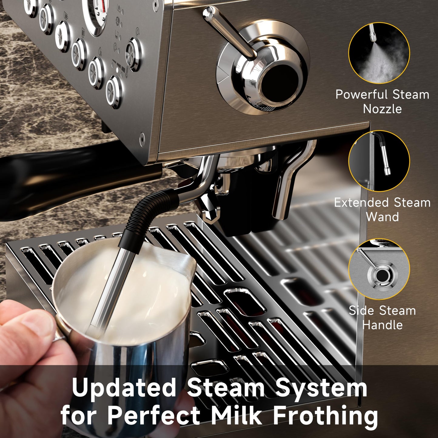 HANROSE Espresso Machine with Grinder, 20Bar Espresso Machine Stainless Steel, Coffee Machine with Milk Frother for Latte/Cappuccino, Adjustable Temperature, Independent Hot Water & Americano Function