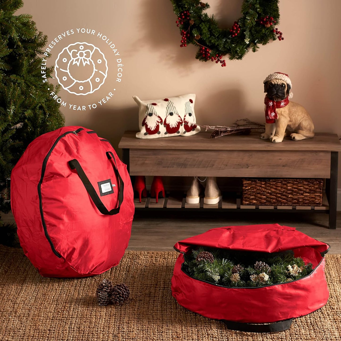 ZOBER Oxford Christmas Wreath Storage Container - 48 Inch Waterproof Wreath Bag with Dual Zippers & Durable Handles - Red