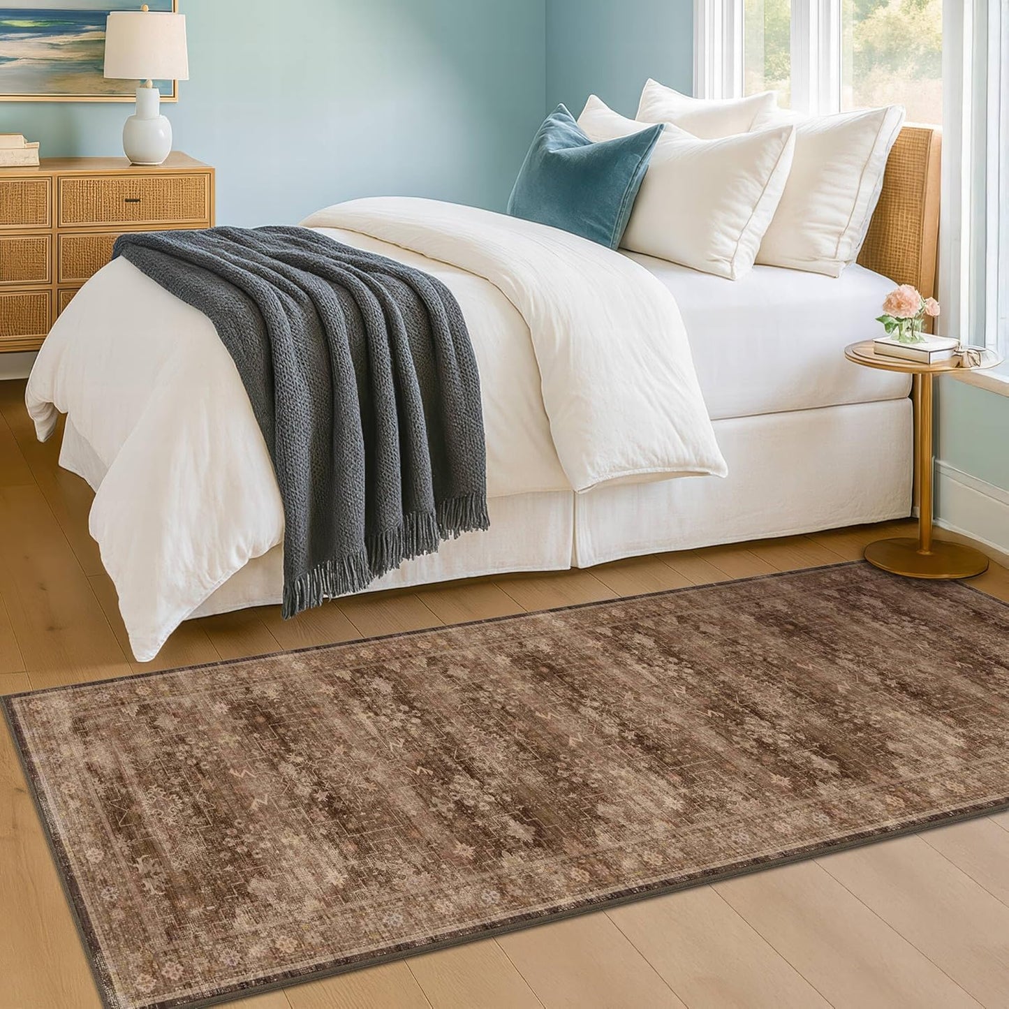 Skiennix Brown Boho Runner Rug - Washable 2x7, Non-Slip, Stain Resistant, Soft Faux Wool for Hallway & Kitchen