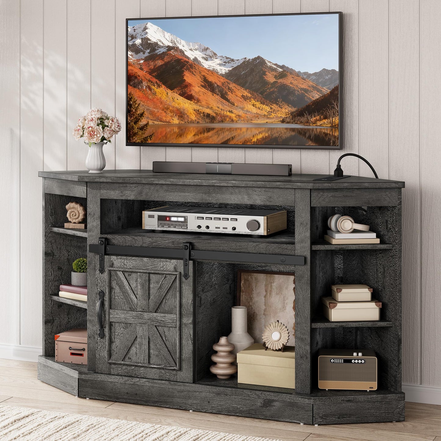 YITAHOME Corner TV Stand for 50 Inch TV, Farmhouse Entertainment Center with Storage & Power Outlet, TV Console Cabinet and Sliding Barn Door for Living Room, Carbon Gray