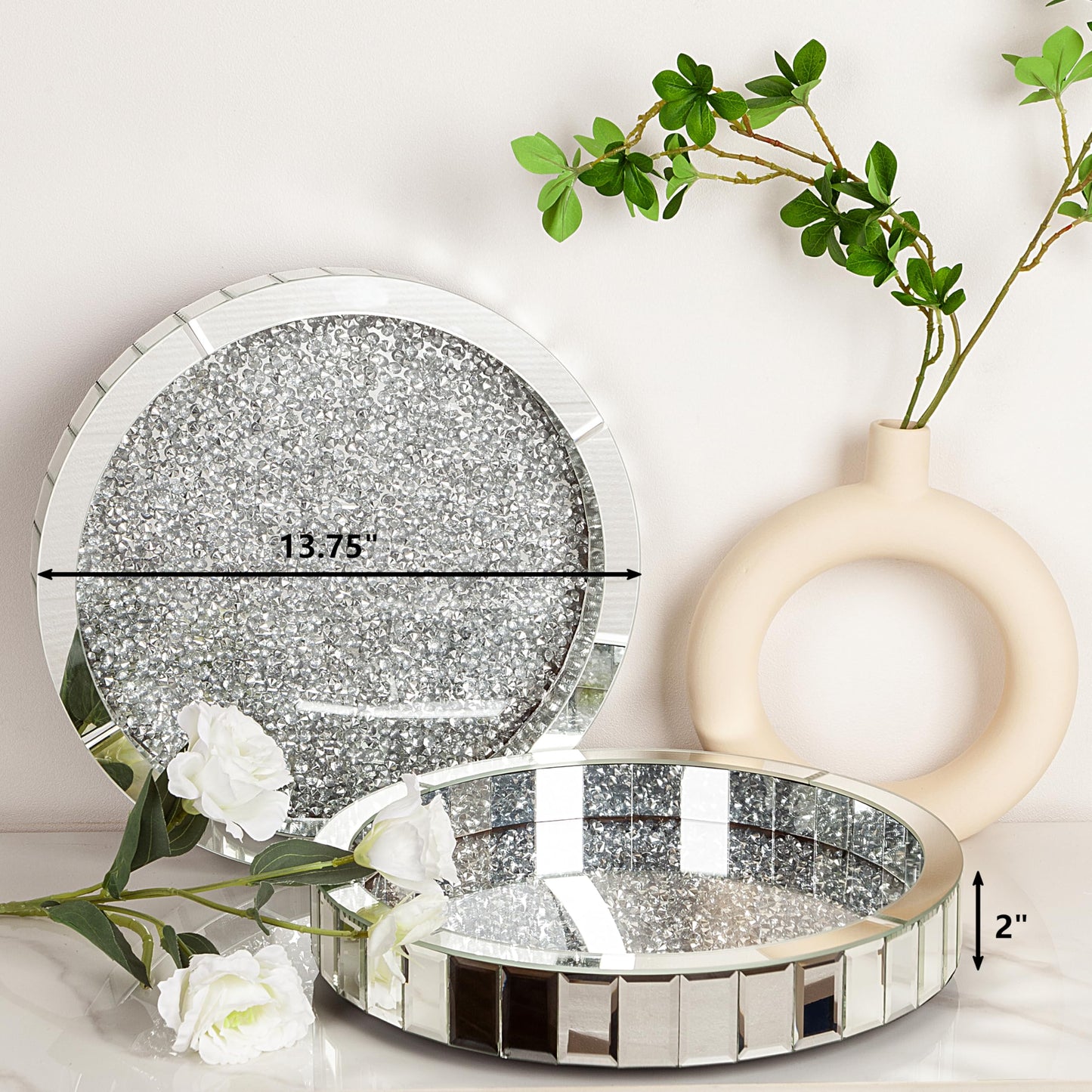 Blingworld 14" Mirrored Tray with Lazy Susan, Easy Access, Super Gorgeous Round Tray with Crushed Diamond Silver Finish - Perfume Organizer & Jewelry for Dresser