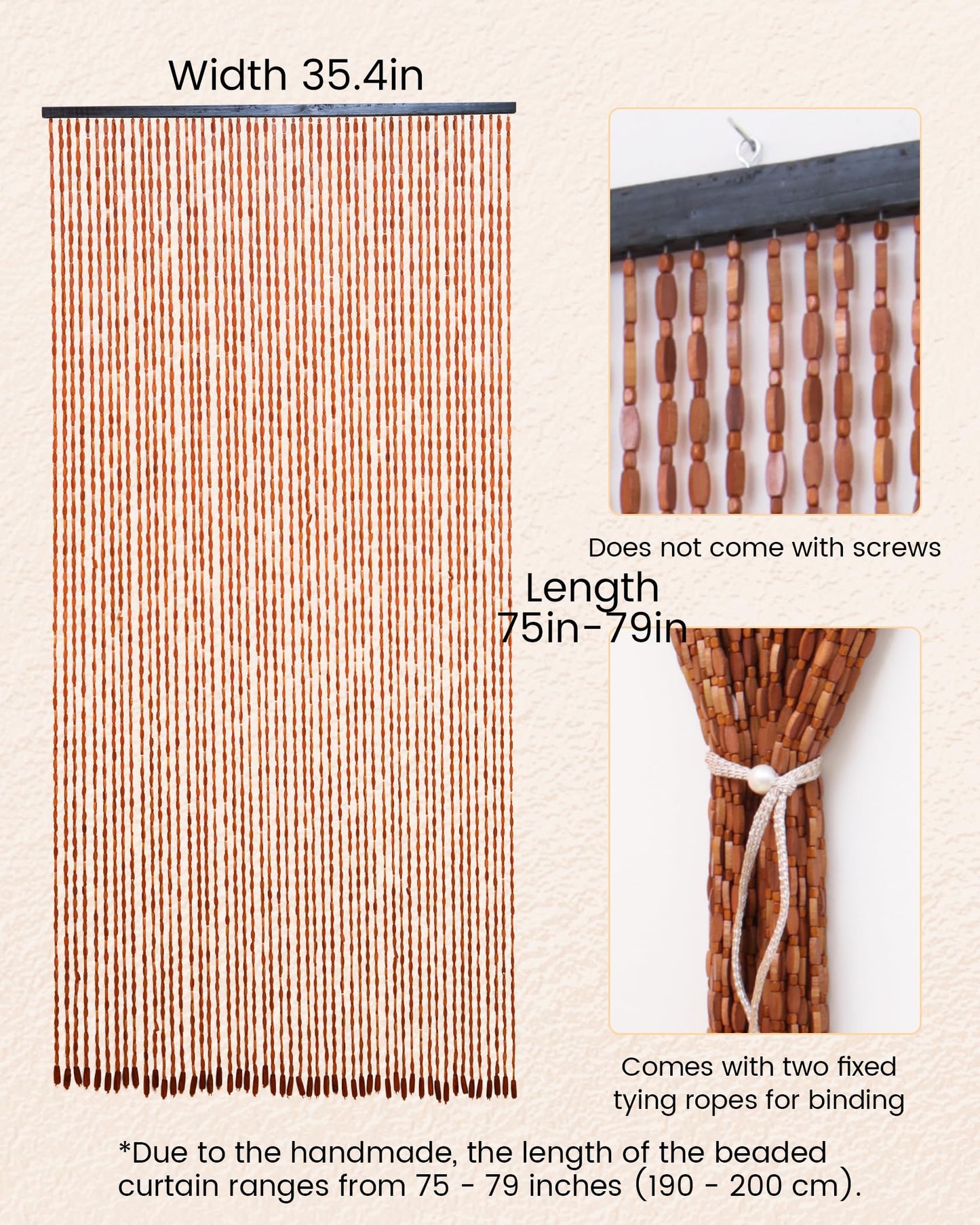 Ezcasch 52 Strands 35.4" x 79" Bamboo and Wood Beaded Curtain for Doorway Handmade Natural Doorway Beads Bohemian Bamboo and Wooden Room Devider Hanging Boho Beaded Curtain,Brown