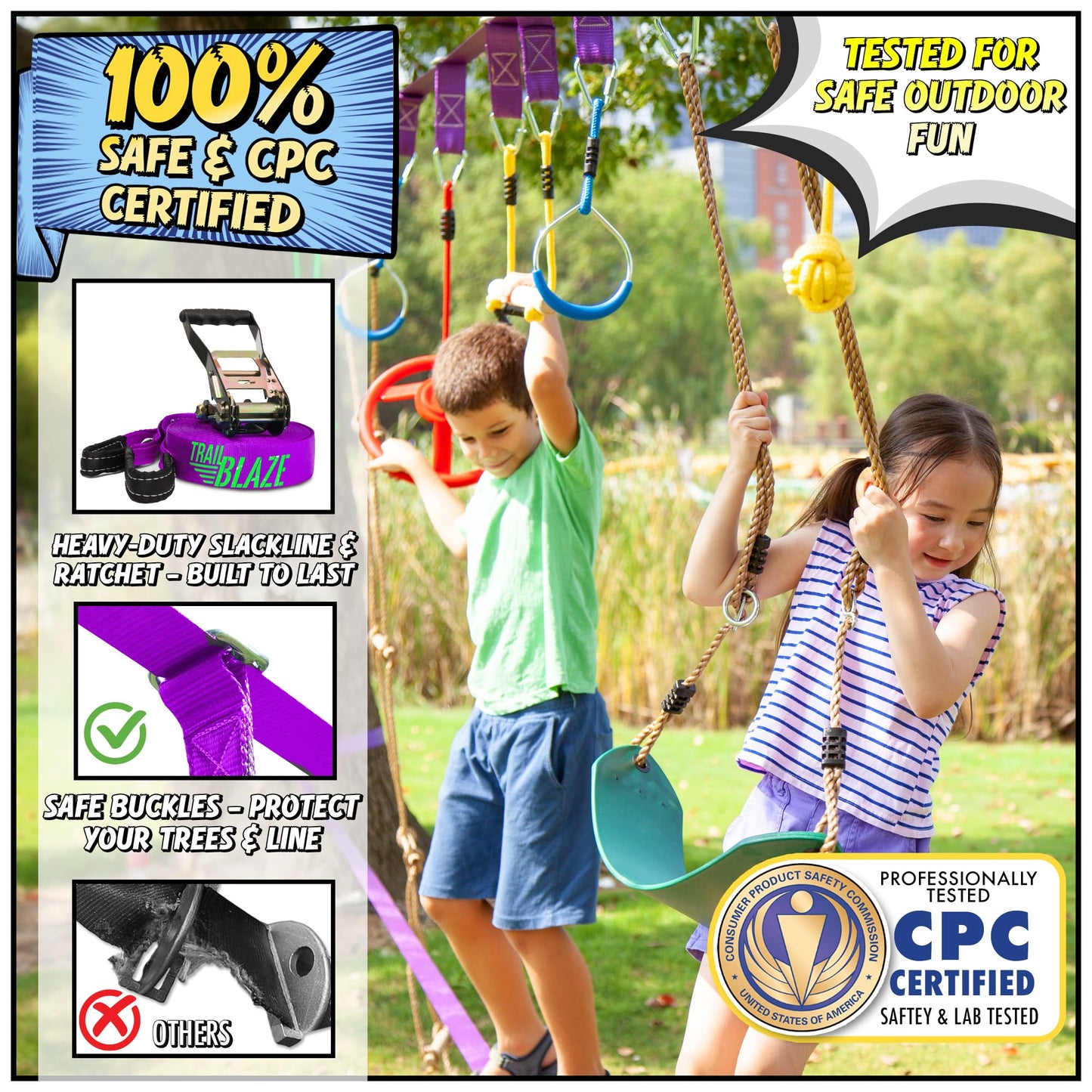 Trailblaze Ninja Warrior Obstacle Course for Kids - Ultimate Outdoor Fun 2x55 Ft Ninja Slackline Climbing Net Rope Ladder Trapeze Swing Monkey Bars - Durable and Safe Ninja Course for Kids Outside