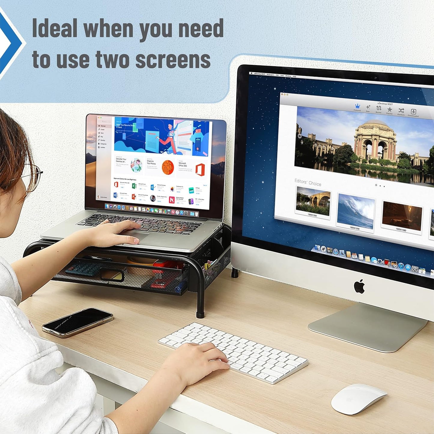 Metal Mesh Monitor Riser with Drawer - Desk Organizer for Optimal Viewing