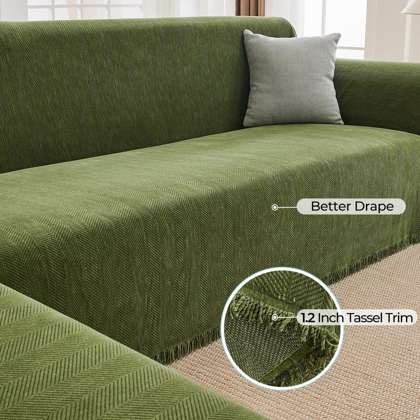 CAPALOCA Sectional Couch Covers 2 Pieces, L Shaped Couch Cover with Herringbone Pattern Chenille Sectional Cover Washable Sofa Slipcovers (X-Large: 71" x 110" + 71" x 118", Green)