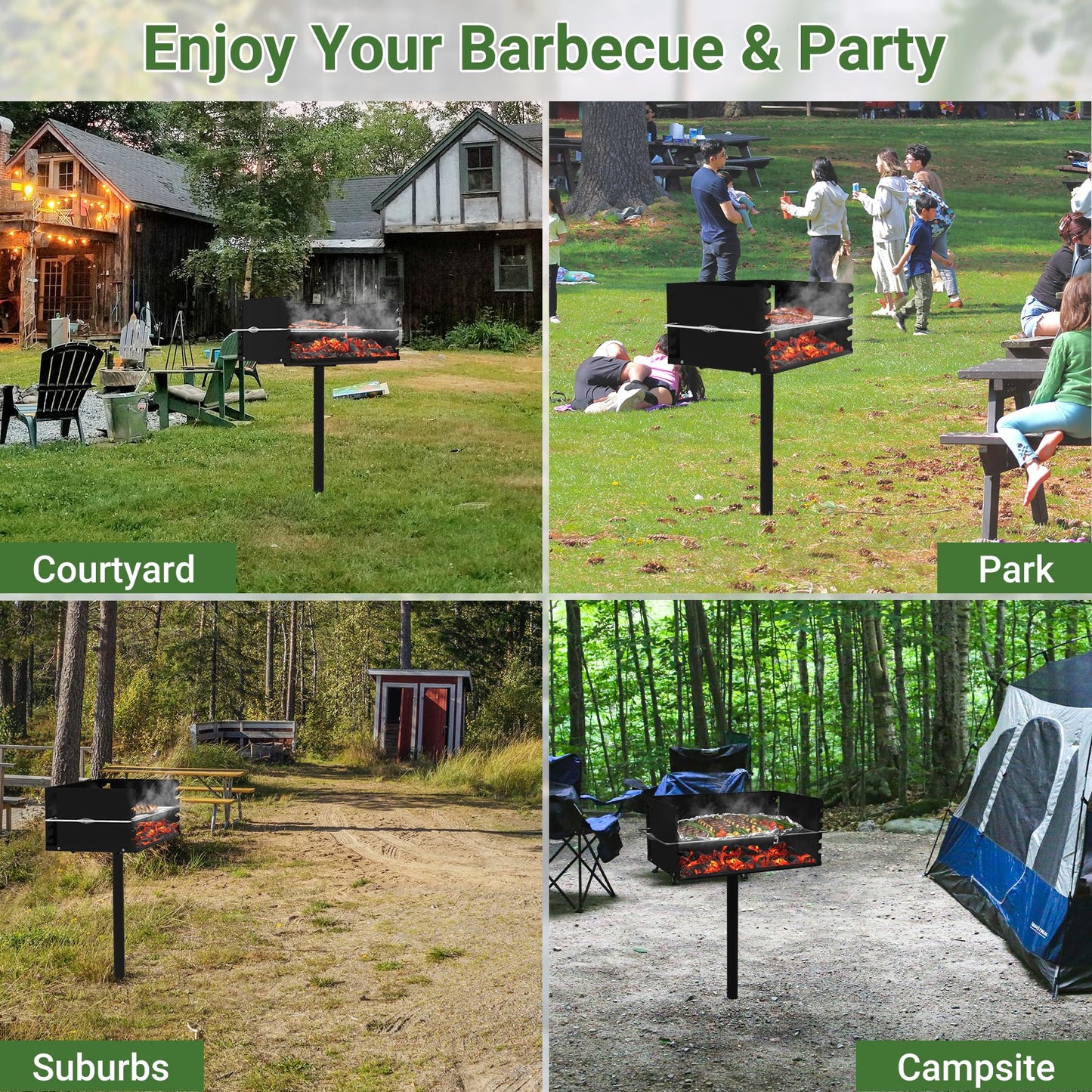 Toriexon Park Grills, 384 Sq. In, Park Style Charcoal Grill, Heavy Duty In Ground Park Grill with Stainless Steel Cooking Grate and Cover for Commercial and Outdoor Cooking 25.5'' L x 17'' W x 11'' H