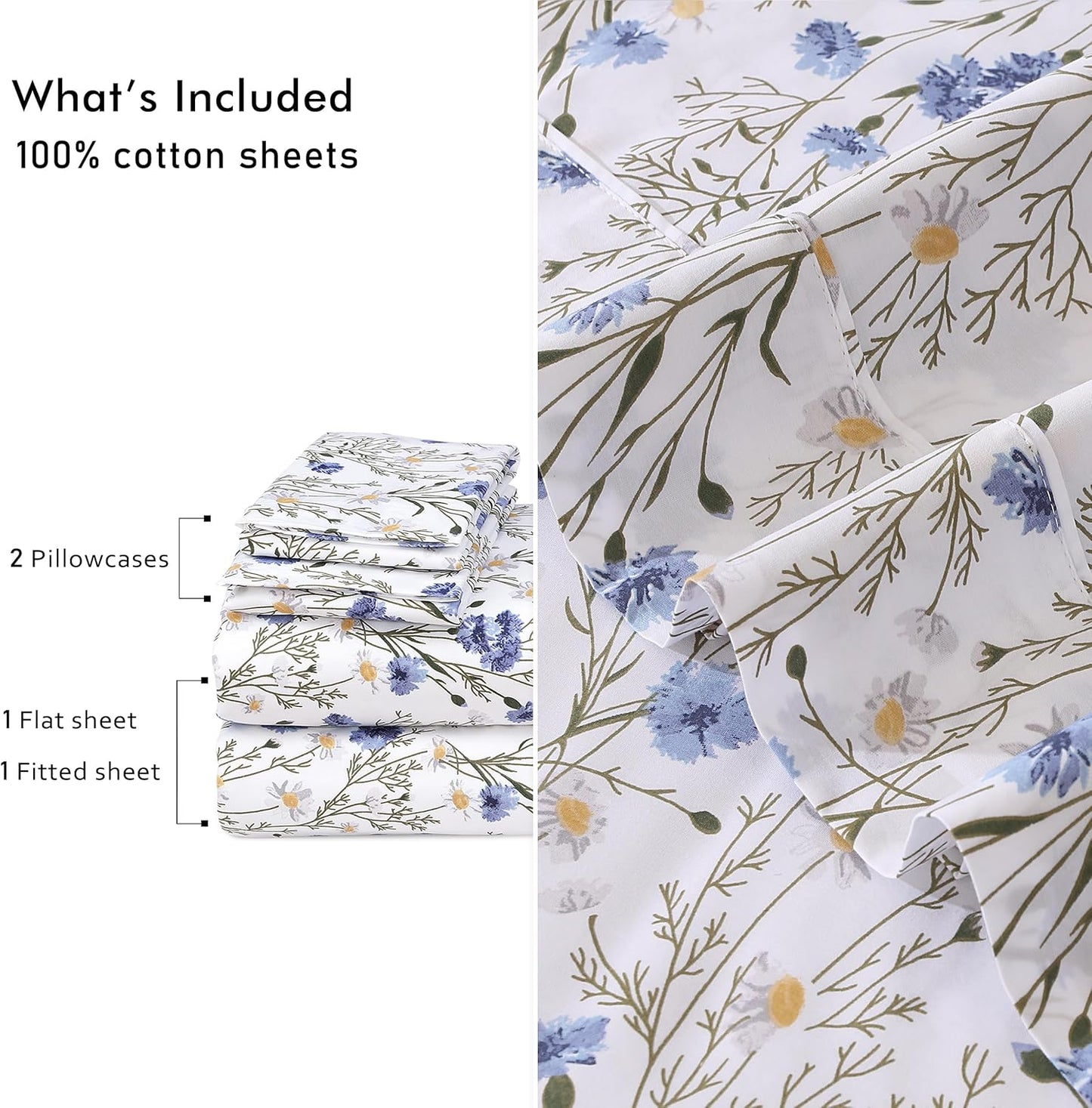 RUVANTI King Size Cotton Sheets - 100% Percale Bedding, Cooling Floral Design, 16" Deep Pocket, 4-Piece Set