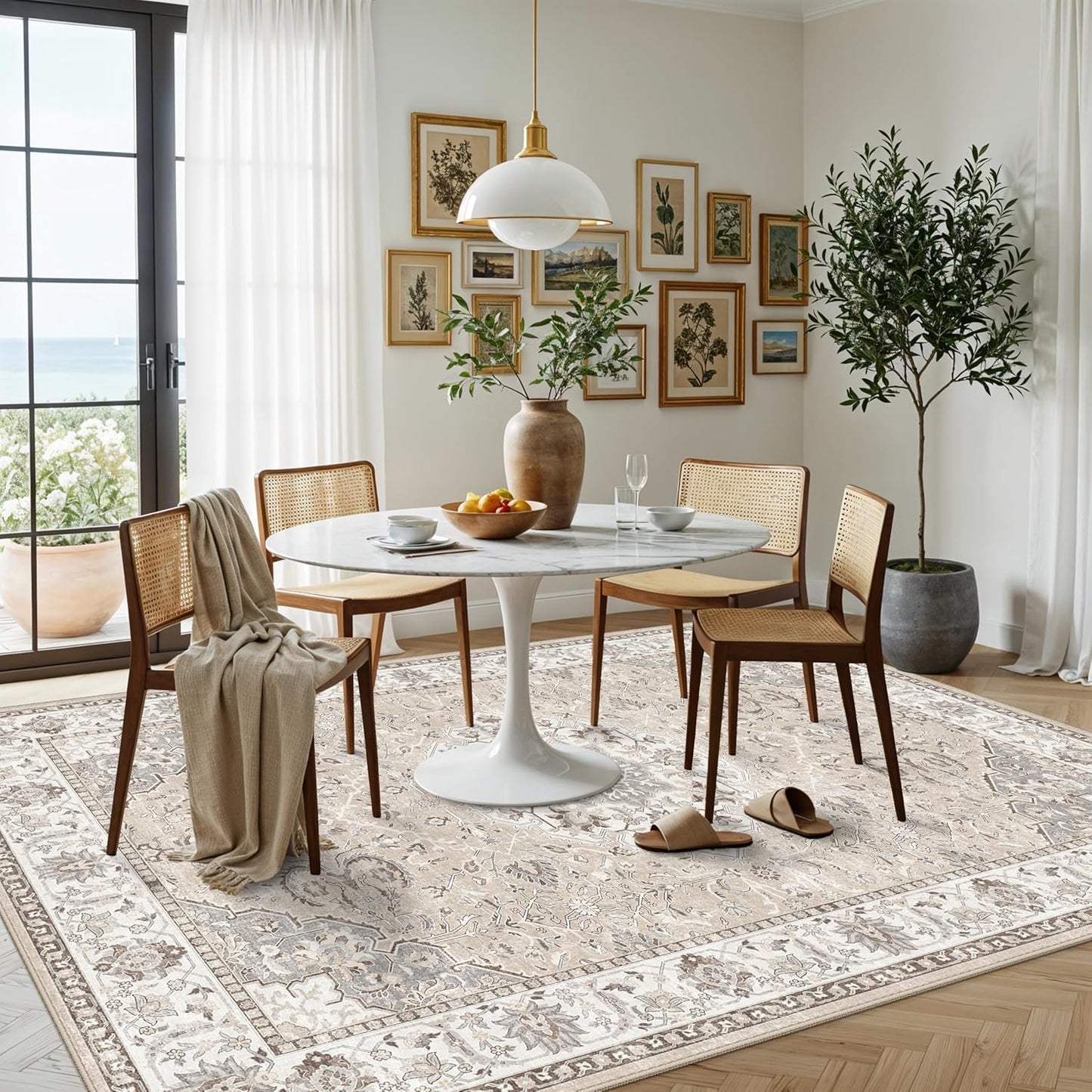 Skiennix 6x9 Area Rug - Farmhouse Washable Ultra Soft Carpet | Stain Resistant & Non-Slip Beige Rug for Living Room, Bedroom, and Dining Room