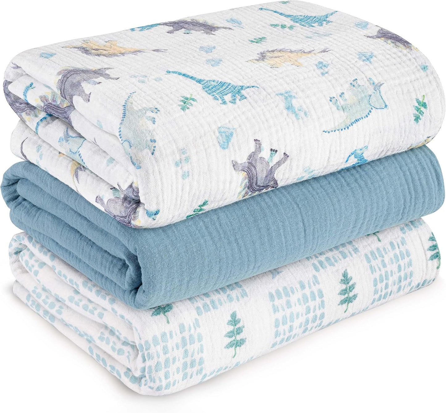 Skiennix Muslin Swaddle Blankets - Soft & Breathable 3-Pack for Newborns | Large 38 x 40 Inches (Blue Dinosaur)